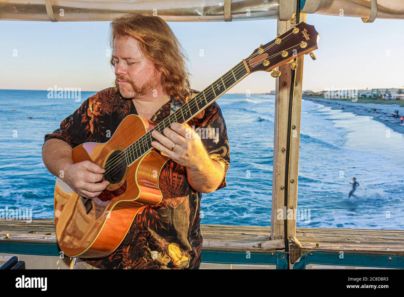 Florida Atlantic Ocean Water Brevard County, Cocoa Beach, Cocoa Beach Pier, bar bar lounge pub, all'aperto, intrattenimento, uomo uomini maschio adulti, musicista, Foto Stock
