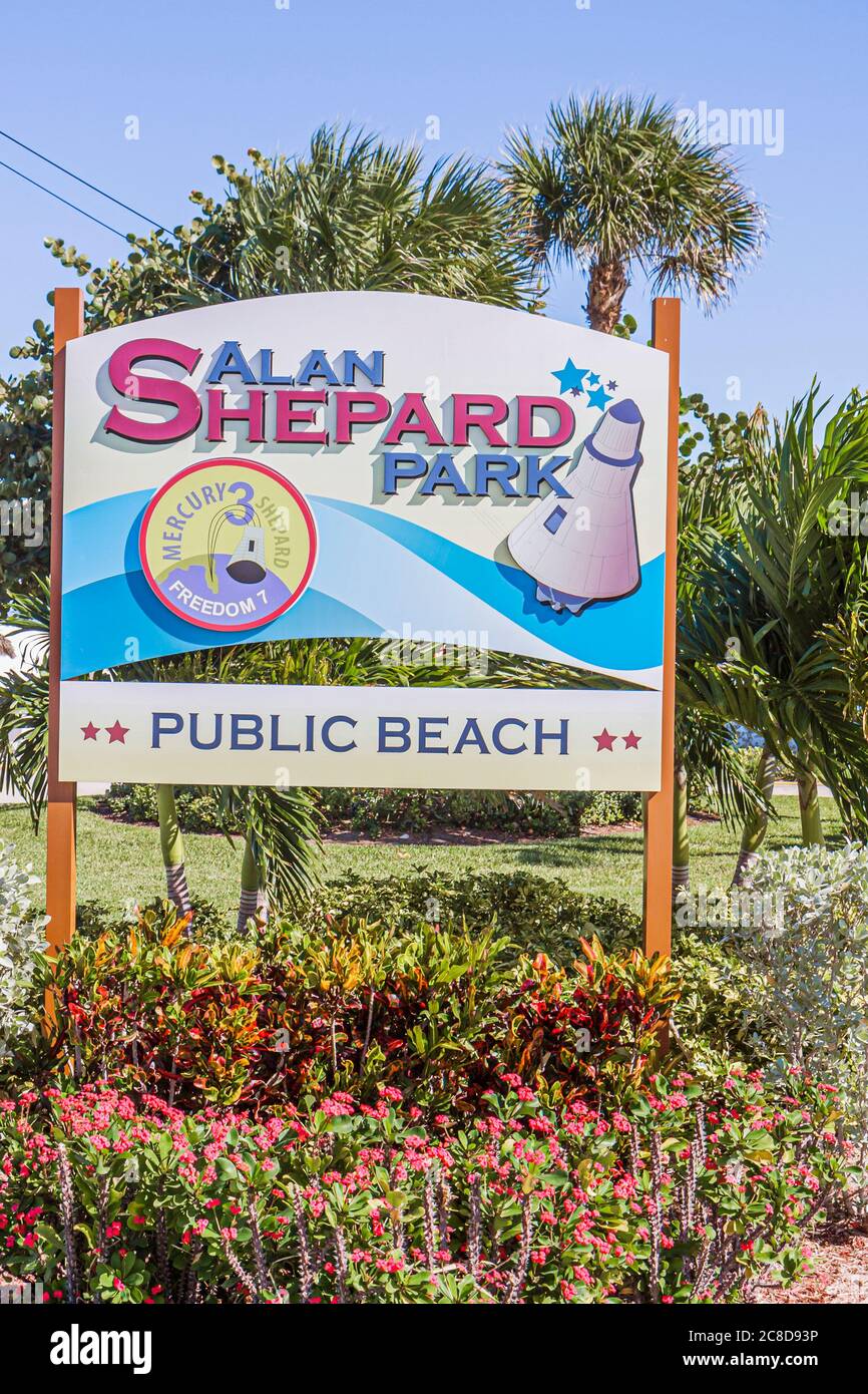 Cocoa Beach Florida, spiagge pubbliche, Alan Shepard Park, segno, logo, astronauta, onore, riconoscimento, pioniere dello spazio, Apollo 14, Mercury progetto, visitatori della strada Foto Stock
