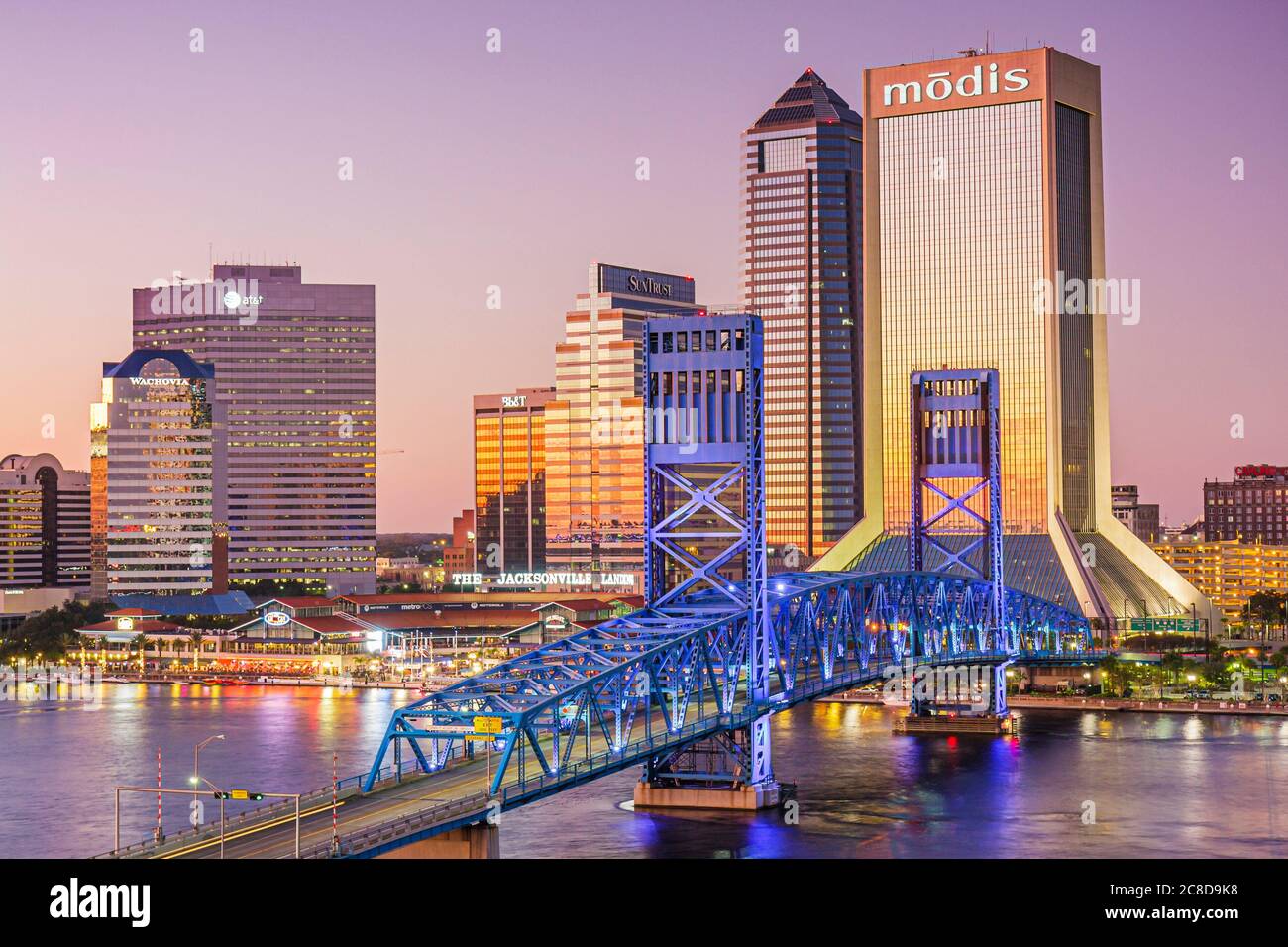 Jacksonville Florida, Saint St. Johns River, John Alsop Bridge, Main Street Bridge, Downtown, Jacksonville Landing, skyline della città, MODIS building, high rise sk Foto Stock