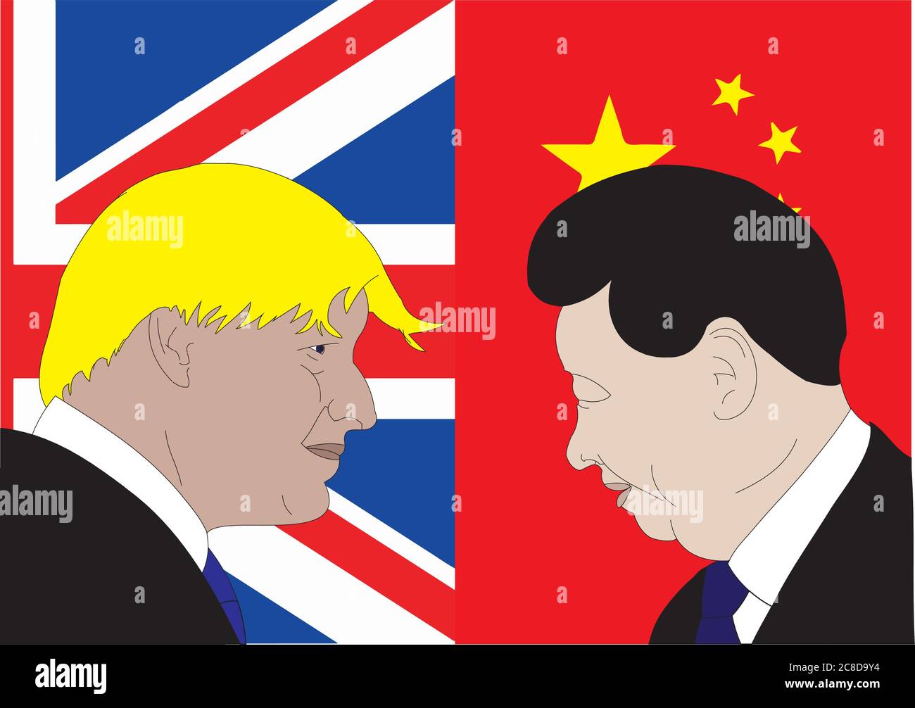 Boris Johnson faccia fuori con Xi Jinping - Illustrazione di Testa - Regno Unito contro Cina - di fronte l'uno all'altro Illustrazione Vettoriale