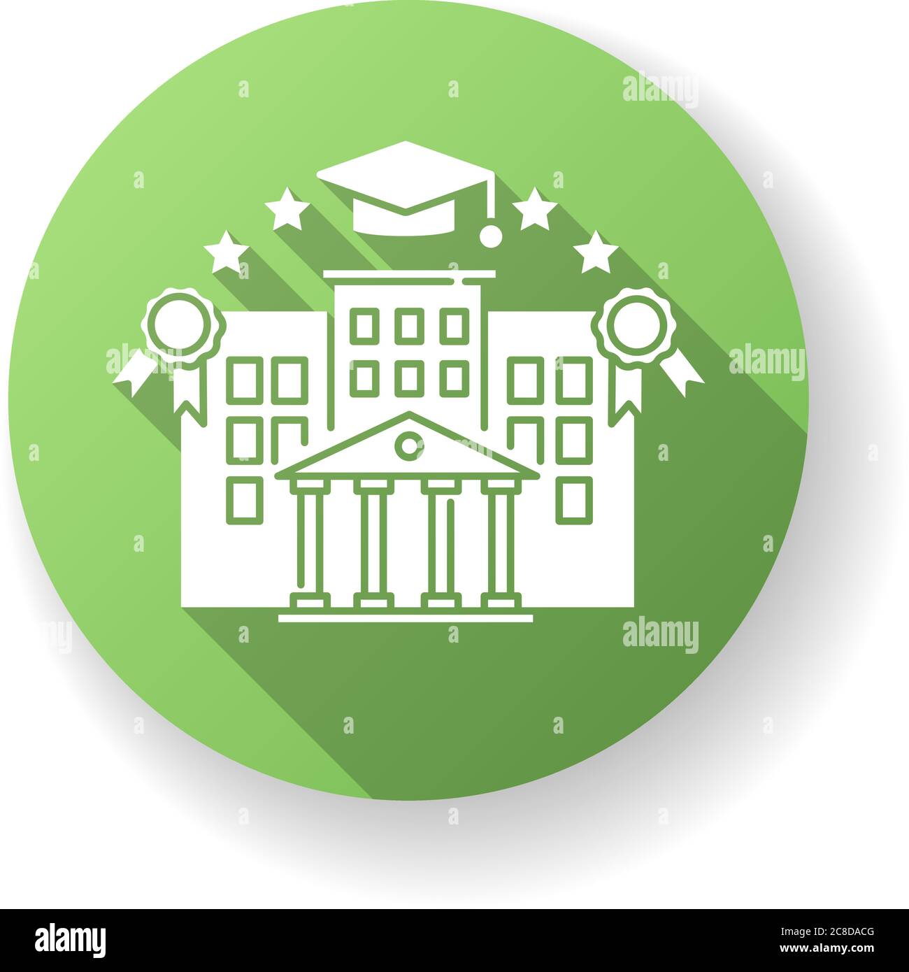 Icona glifo a lunga ombra di design piatto verde universitario. Istruzione superiore, stile di vita degli studenti. Istituzione accademica. Prestigioso campus universitario con Illustrazione Vettoriale
