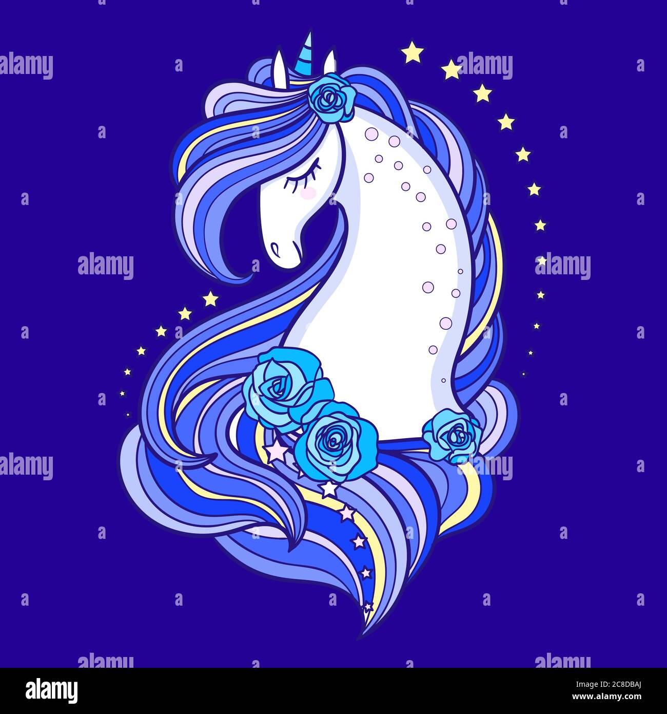Testa di una bella unicorno con una lunga, manie blu e rose su uno sfondo blu.animale fanastico. Per la progettazione di stampe, poster, tatuaggi, postcar Illustrazione Vettoriale