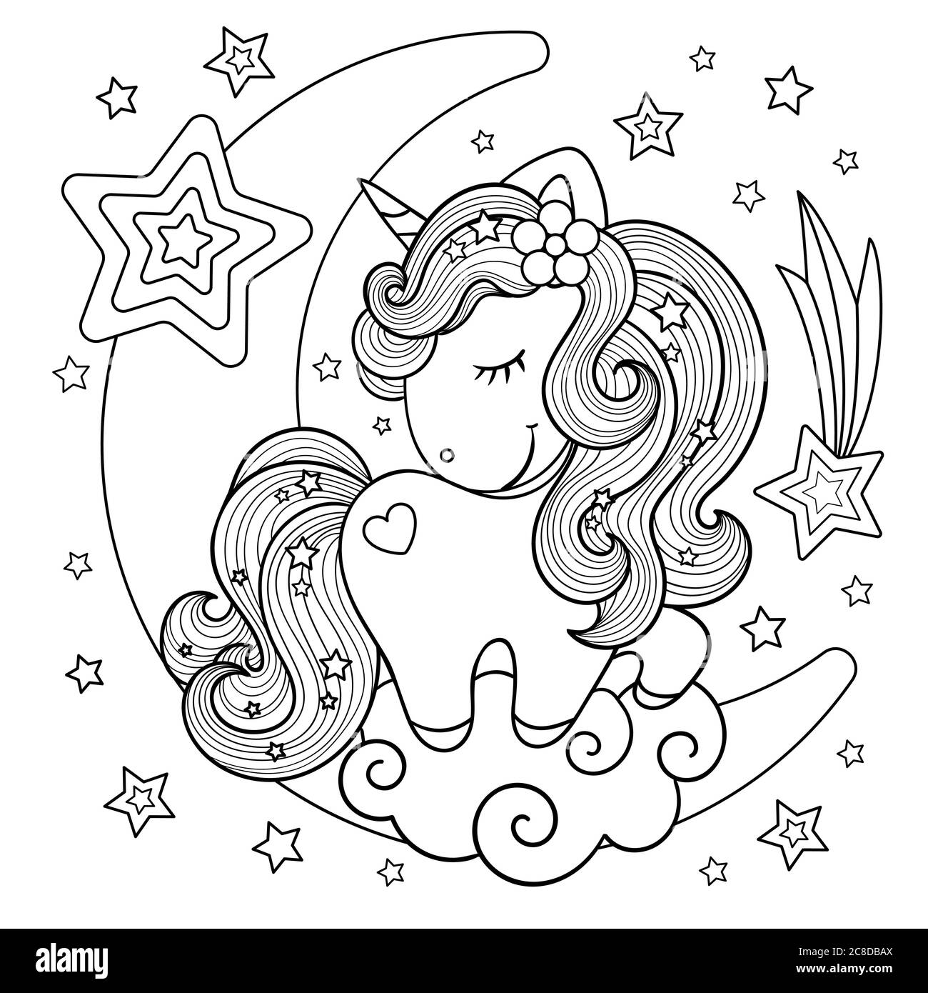 Carino, unicorno cartoon sulla luna. Bianco e nero. Disegnato a mano. Disegno per bambini, per stampe, poster, libri da colorare, adesivi, cartoncini e così via. Illustrazione Vettoriale