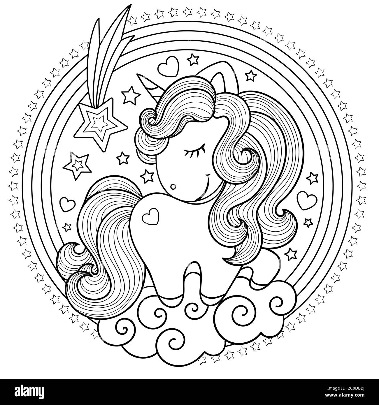 Carino, unicorno cartoon con un arcobaleno rotondo. Bianco e nero. Disegnato a mano. Disegno per bambini, per stampe, poster, libri da colorare, adesivi, cartoncini A. Illustrazione Vettoriale