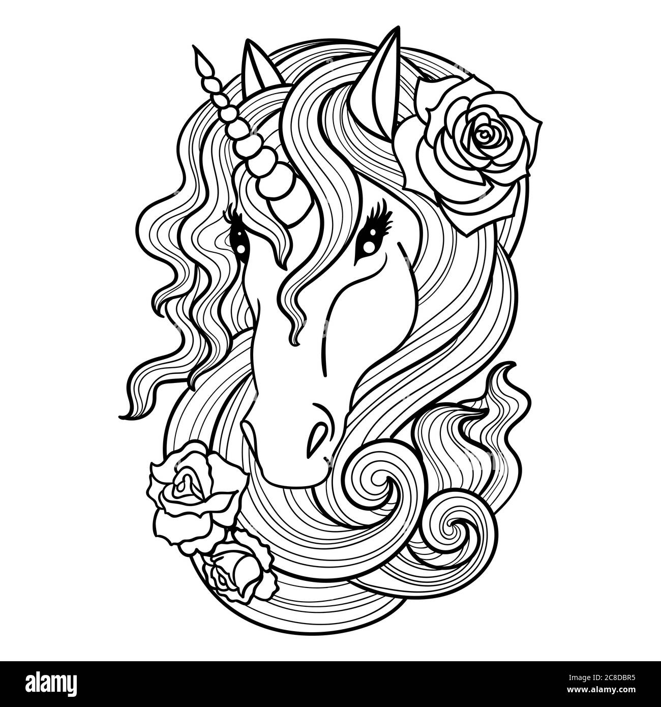 Testa di unicorno con rose nella cresta. Bianco e nero. Adatto per tatuaggi, libri da colorare, stampe, poster, cartoline e così via Illustrazione Vettoriale