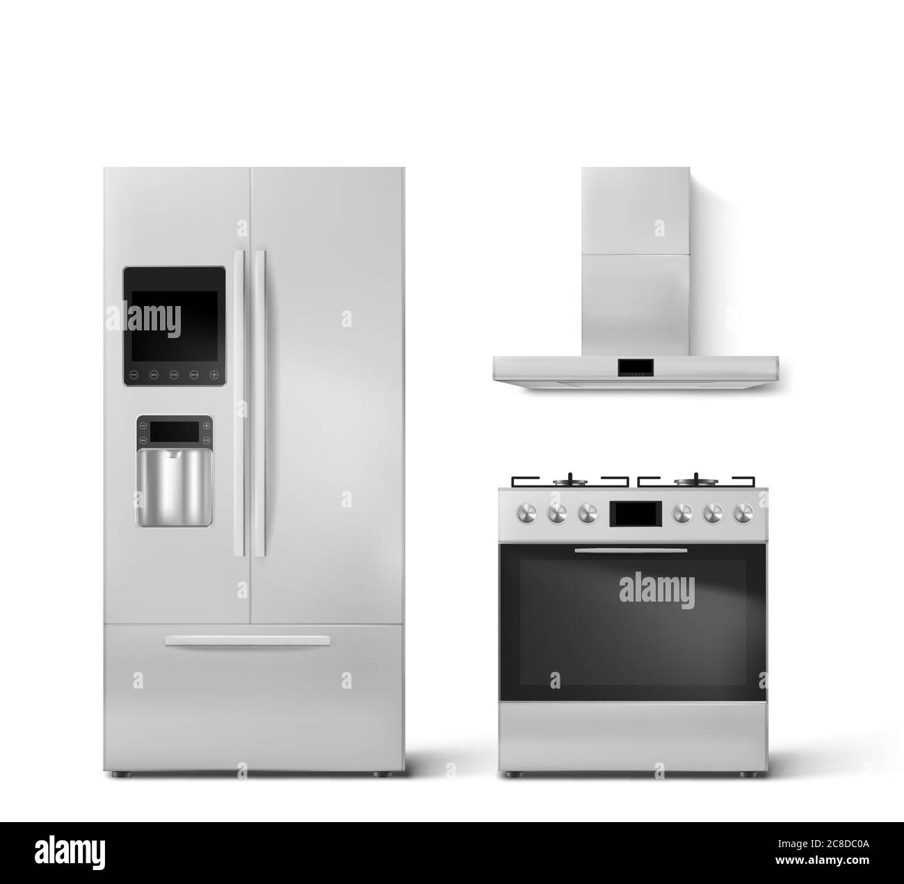 Frigorifero intelligente, forno a gas e cappa elettrodomestici da cucina. Frigorifero a due camere con wifi, display digitale e dispenser per acqua, vista frontale della stufa isolata su sfondo bianco, set vettoriale 3d realistico Illustrazione Vettoriale