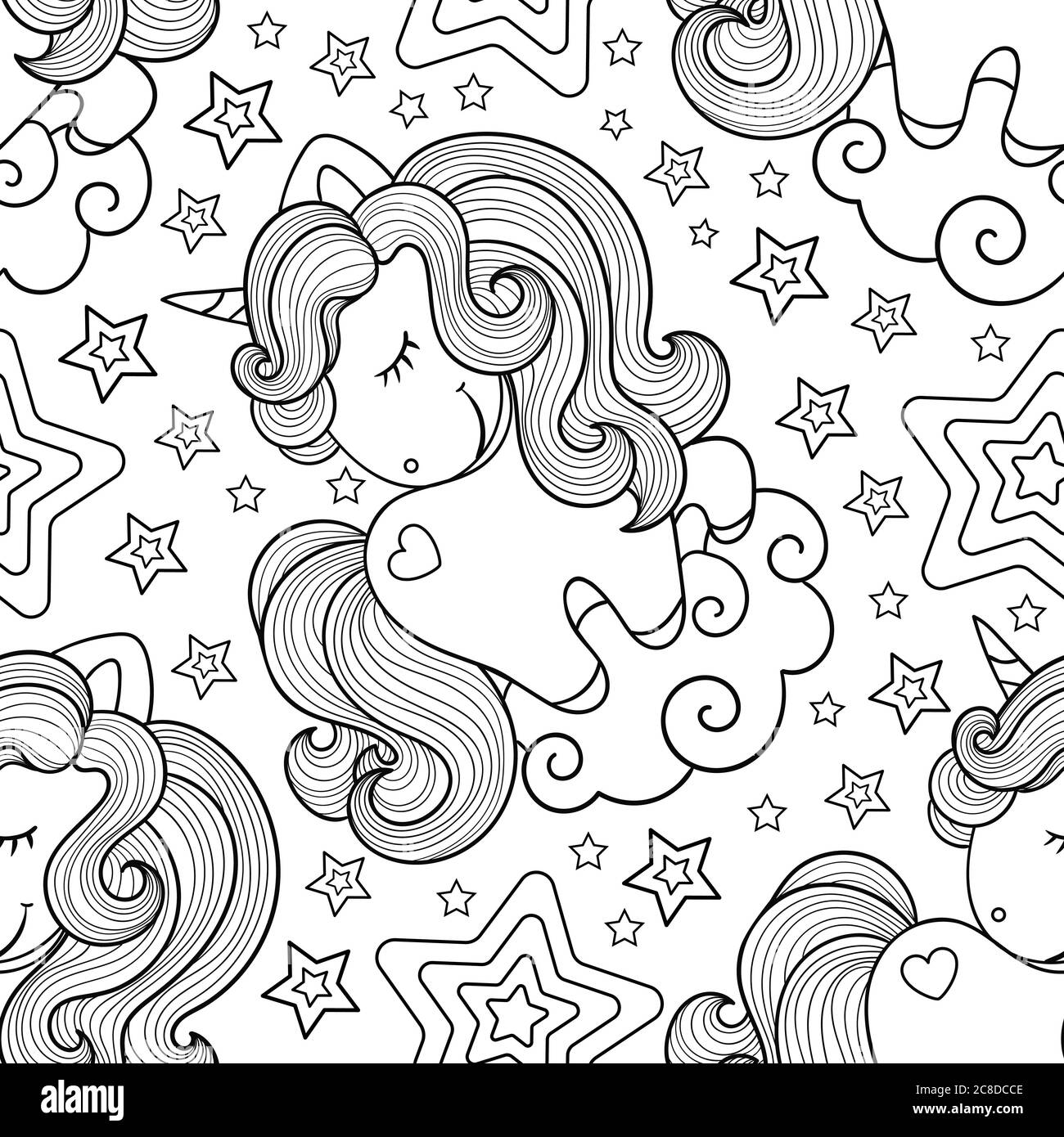 Modello senza giunture con piccoli unicorni. Bianco e nero. Design per bambini. Per la progettazione di tessuti, carta da imballaggio, stampe, libri da colorare, ecc. Vect Illustrazione Vettoriale