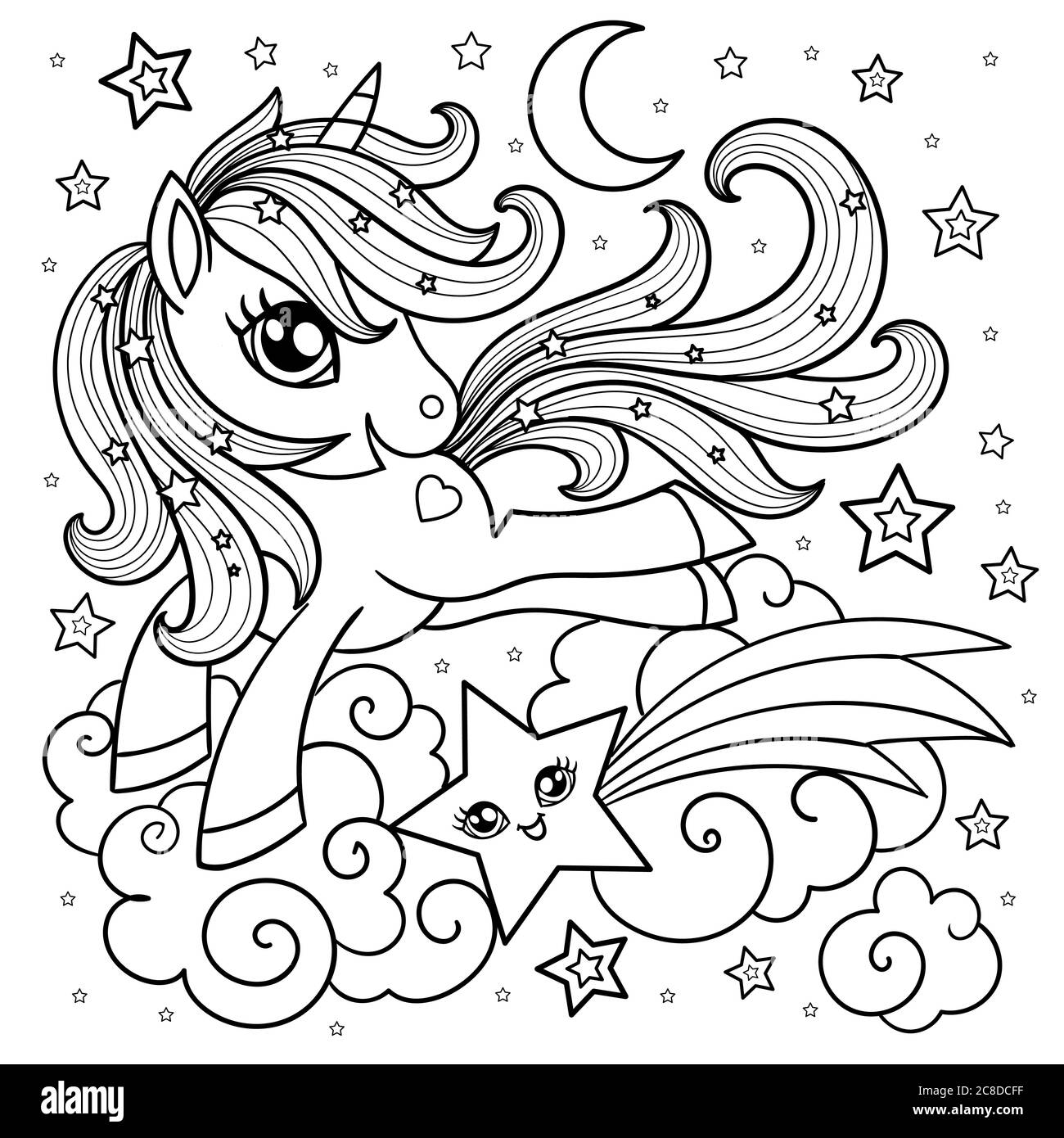 Carino unicorno cartoon su una nuvola con una stella. Bianco e nero. Illustrazione per bambini. Per la progettazione di stampe, poster, libri da colorare, cartoline, s Illustrazione Vettoriale