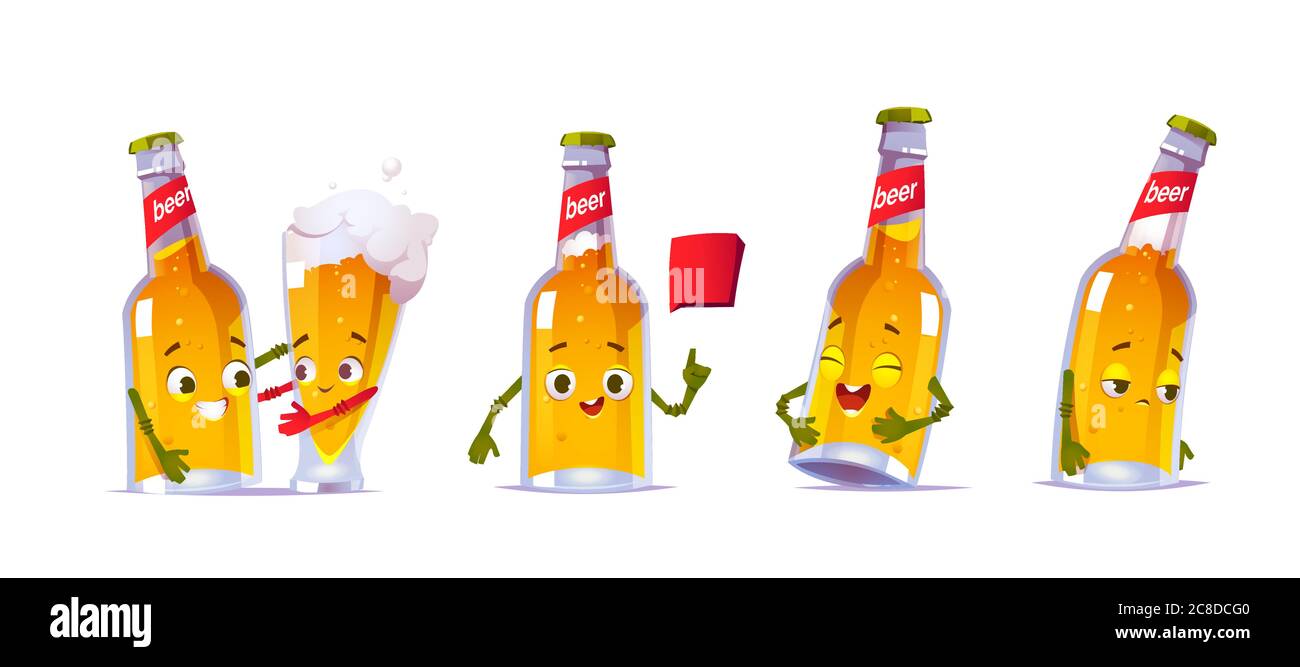 Simpatico personaggio bottiglia di birra in diverse posizioni. Vettore insieme di cartone animato divertente mascotte, lager pinta personage ride, triste, parlare con bolla di parola e abbracci con un bicchiere di birra Illustrazione Vettoriale