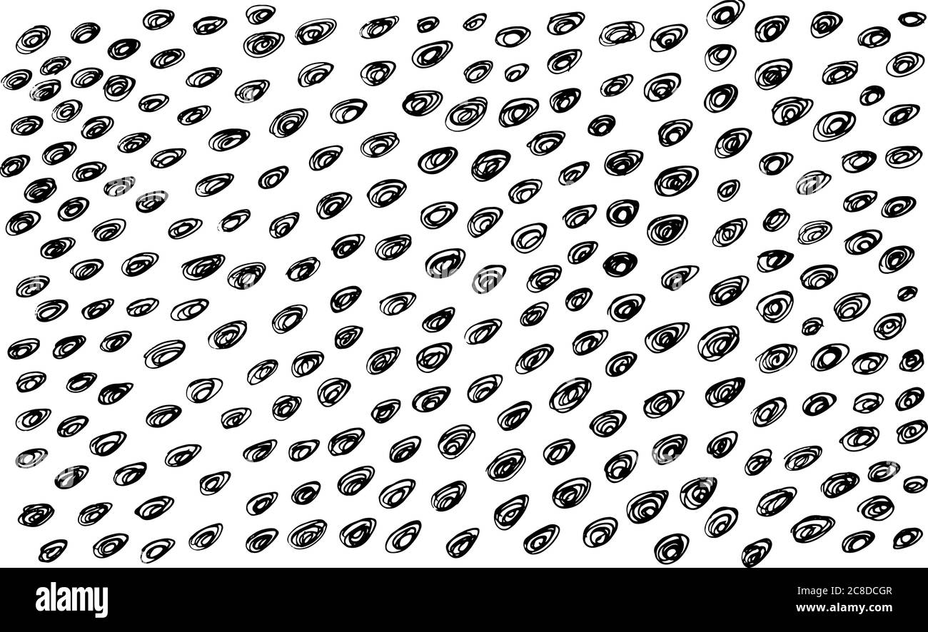 Inchiostro grunge trama disegnata a mano con cerchi di doodle. Sfondo bianco e nero per il design. Disegno vettoriale. Illustrazione Vettoriale