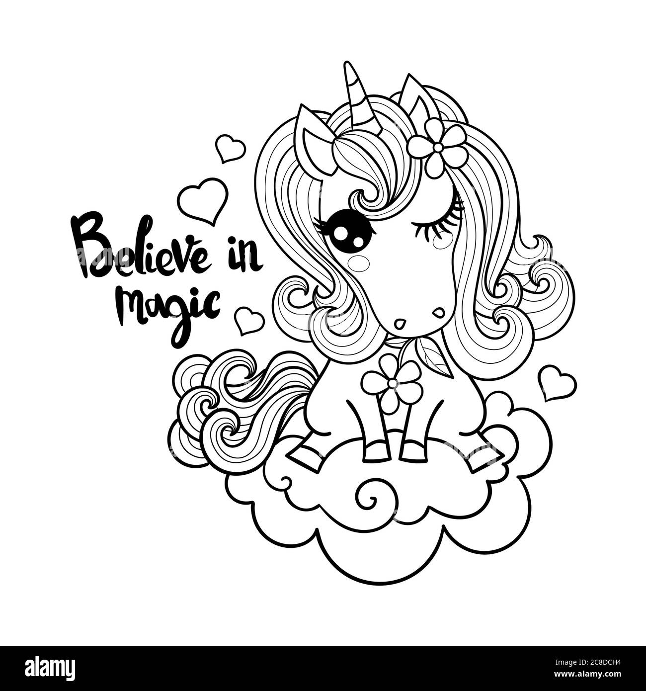 Credete nella magia. Piccolo, unicorno cartoon su una nuvola. Immagine lineare in bianco e nero. Per stampe per bambini design. poster, libri da colorare, adesivi, ba Illustrazione Vettoriale