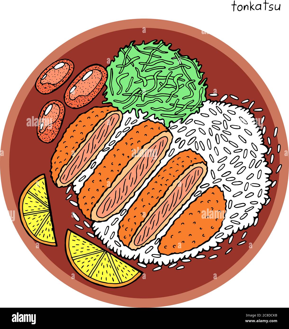 Tonkatsu - illustrazione giapponese dell'inchiostro alimentare. Grafica a colori. Arte colorata e realistica per il design del menu. Illustrazione vettoriale. Illustrazione Vettoriale