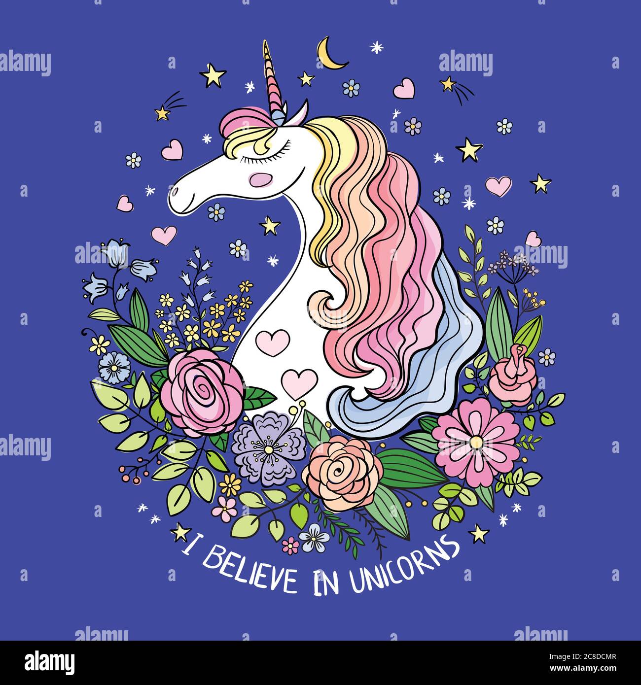 Credo negli unicorni. Testa di una bella unicorno bianca tra fiori su sfondo blu. Animale fantastico. Disegnati a mano. Per la progettazione di prin Illustrazione Vettoriale