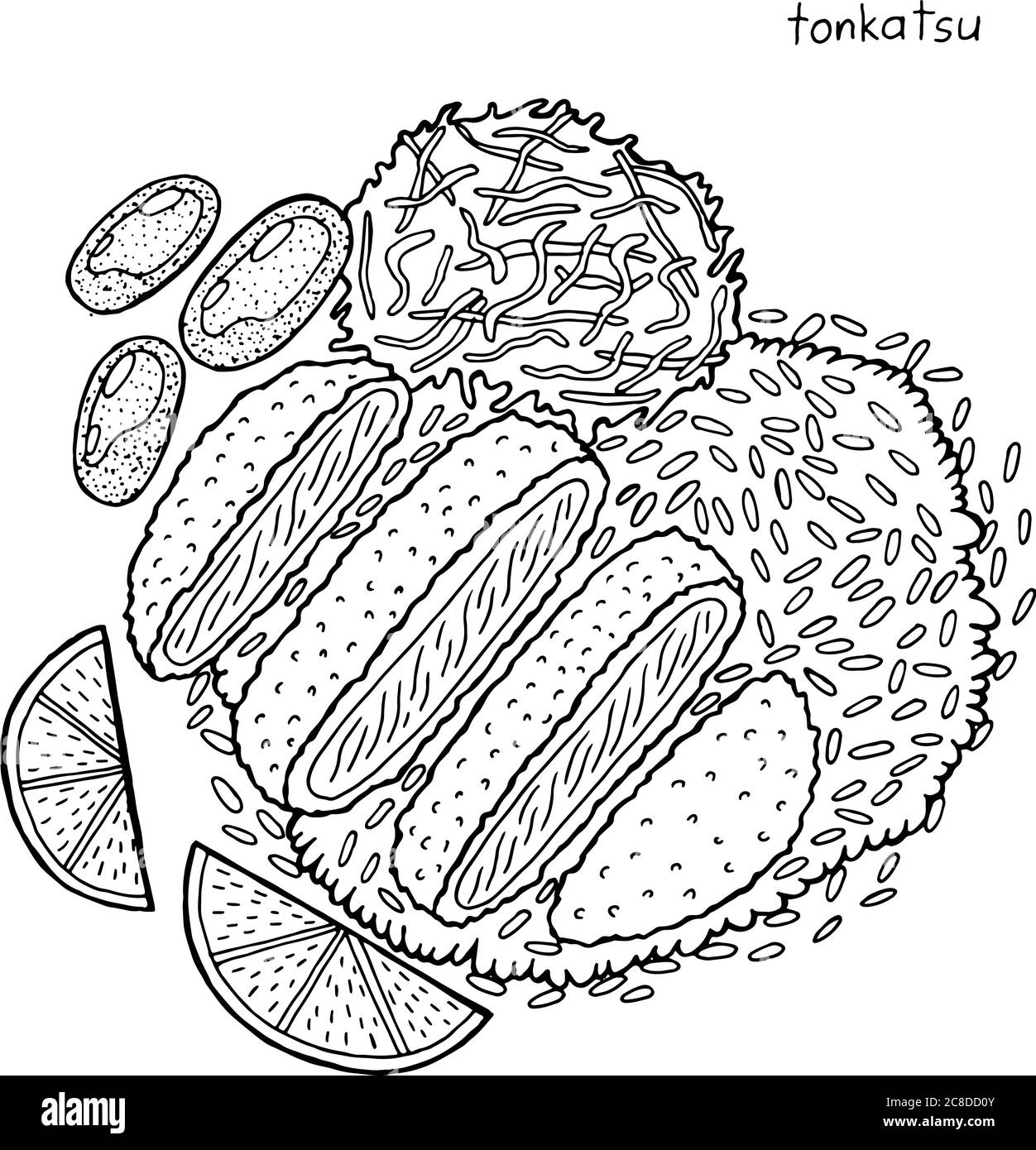 Tonkatsu - illustrazione giapponese dell'inchiostro alimentare. Grafica in bianco e nero. Pagina da colorare per adulti. Illustrazione vettoriale. Illustrazione Vettoriale