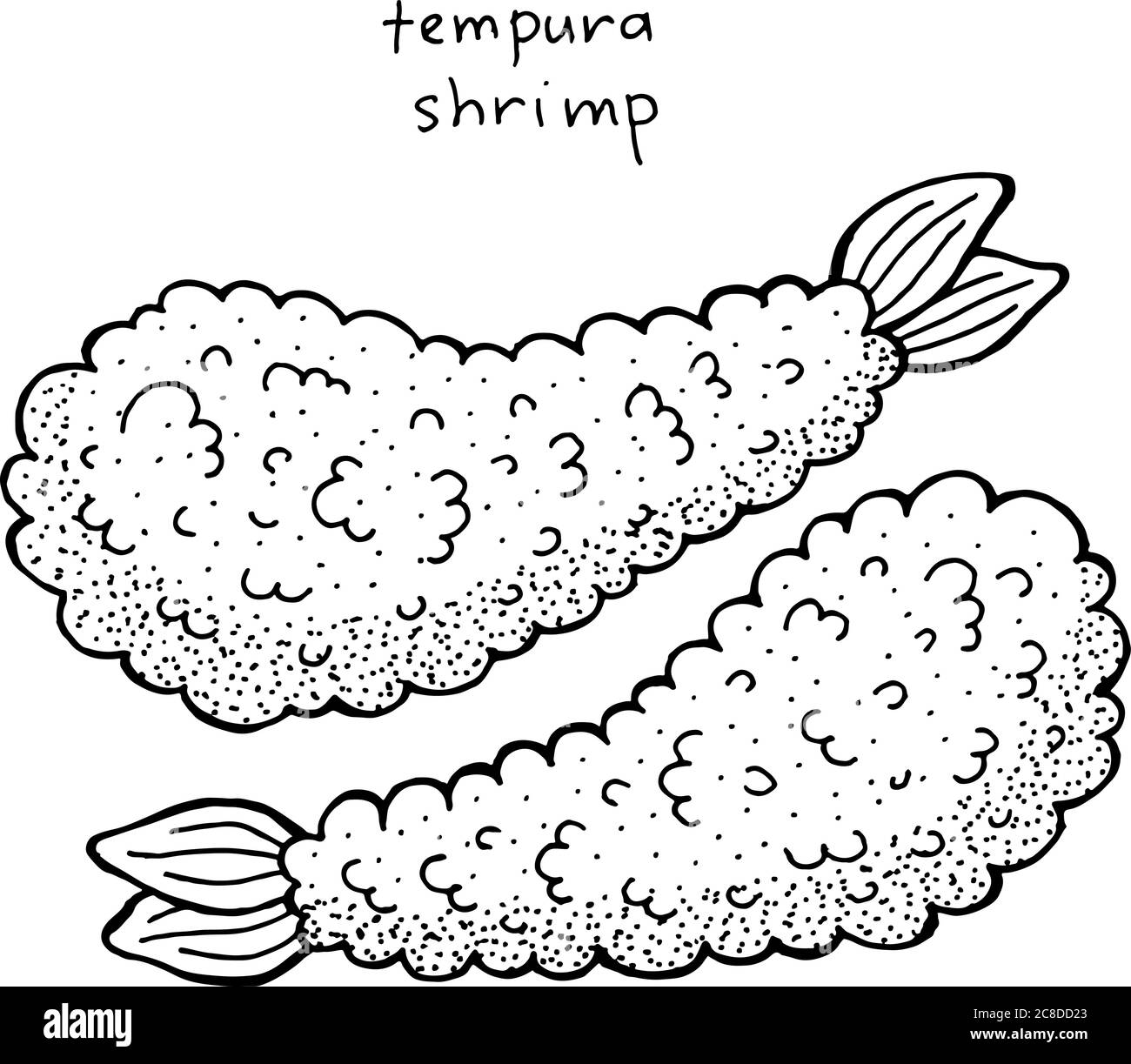 Gamberetti tempura - illustrazione giapponese dell'inchiostro alimentare. Grafica in bianco e nero. Pagina da colorare per adulti. Illustrazione vettoriale. Illustrazione Vettoriale