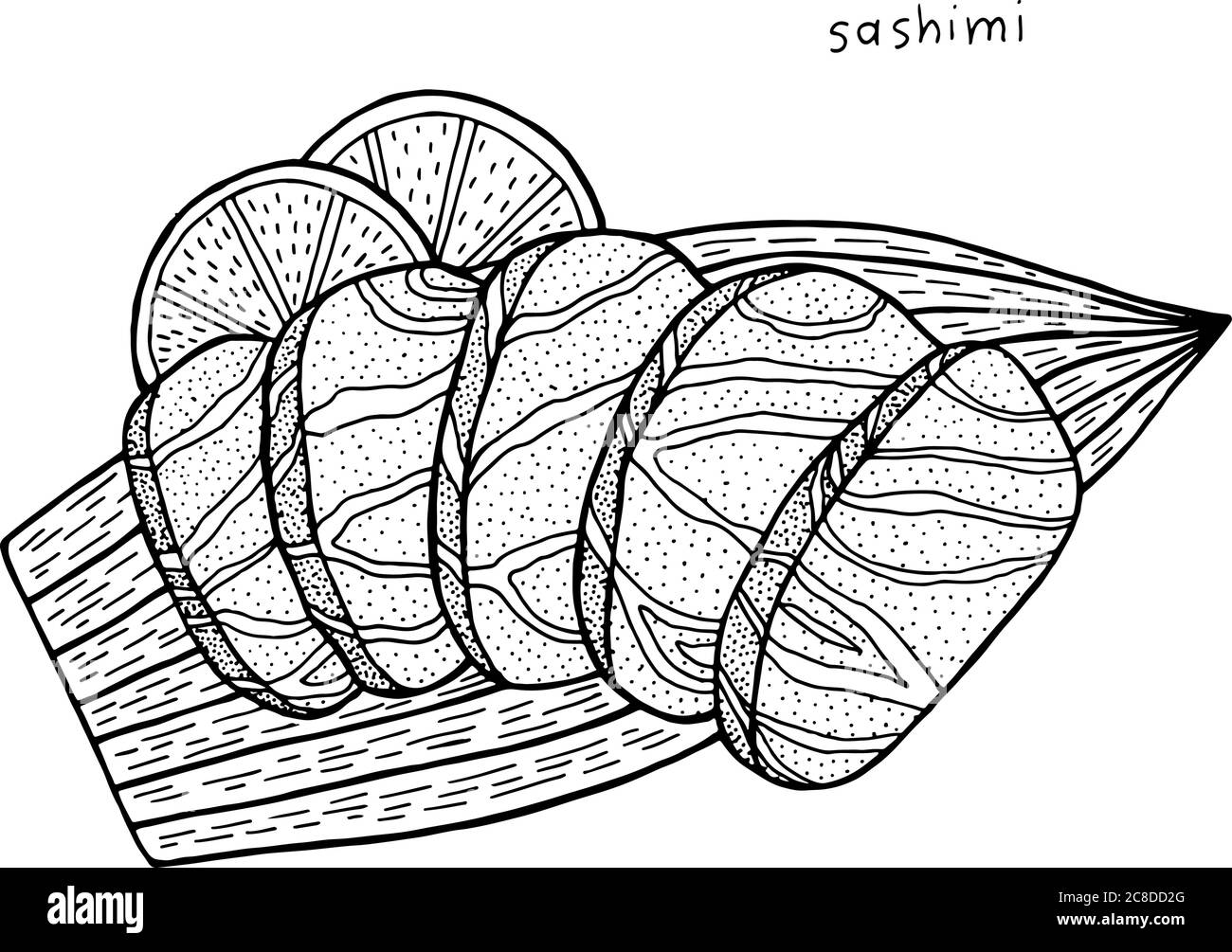 Sashimi - illustrazione giapponese dell'inchiostro alimentare. Grafica in bianco e nero. Pagina da colorare per adulti. Illustrazione vettoriale. Illustrazione Vettoriale