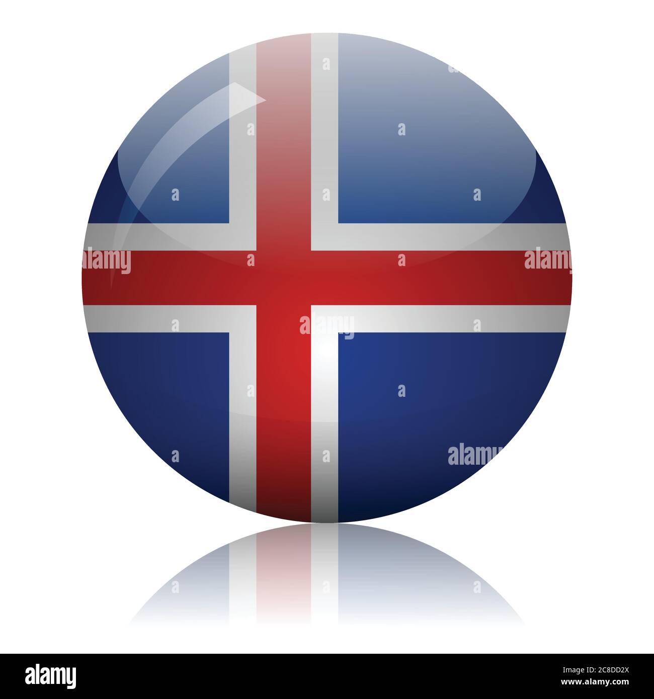 Sfera di vetro della bandiera islandese sulla superficie dello specchio luminoso illustrazione vettoriale Illustrazione Vettoriale