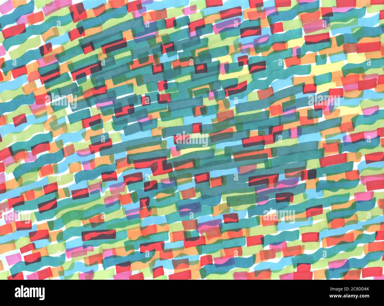 Pittura con pennarello. Strisce ondulate diagonali multicolore. Grunge texture disegnata a mano per lo sfondo. Illustrazione raster. Foto Stock