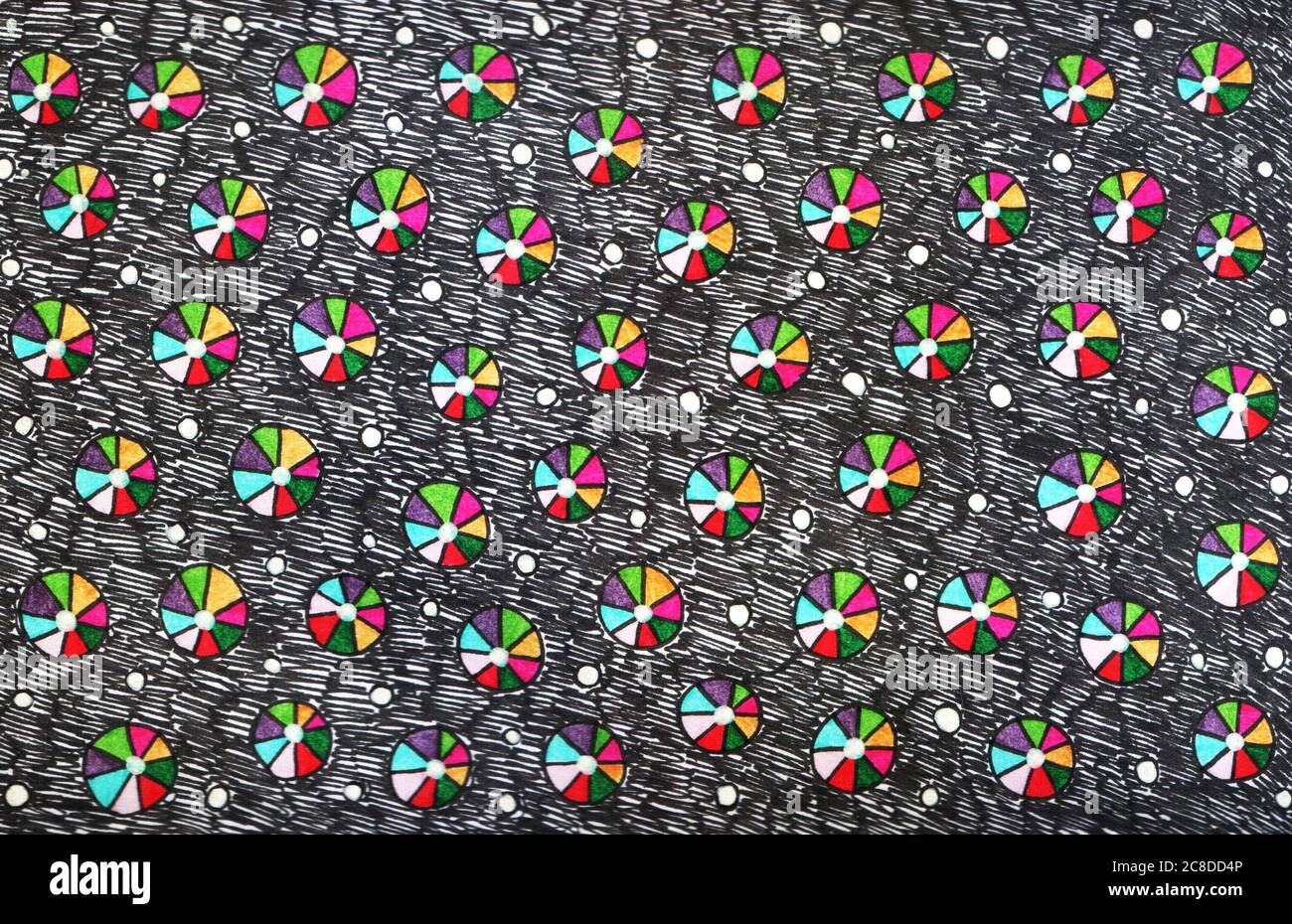 Tracciatura di marcatori e inchiostri. Cerchi di doodle multicolore. Grunge texture disegnata a mano per lo sfondo. Illustrazione raster. Foto Stock
