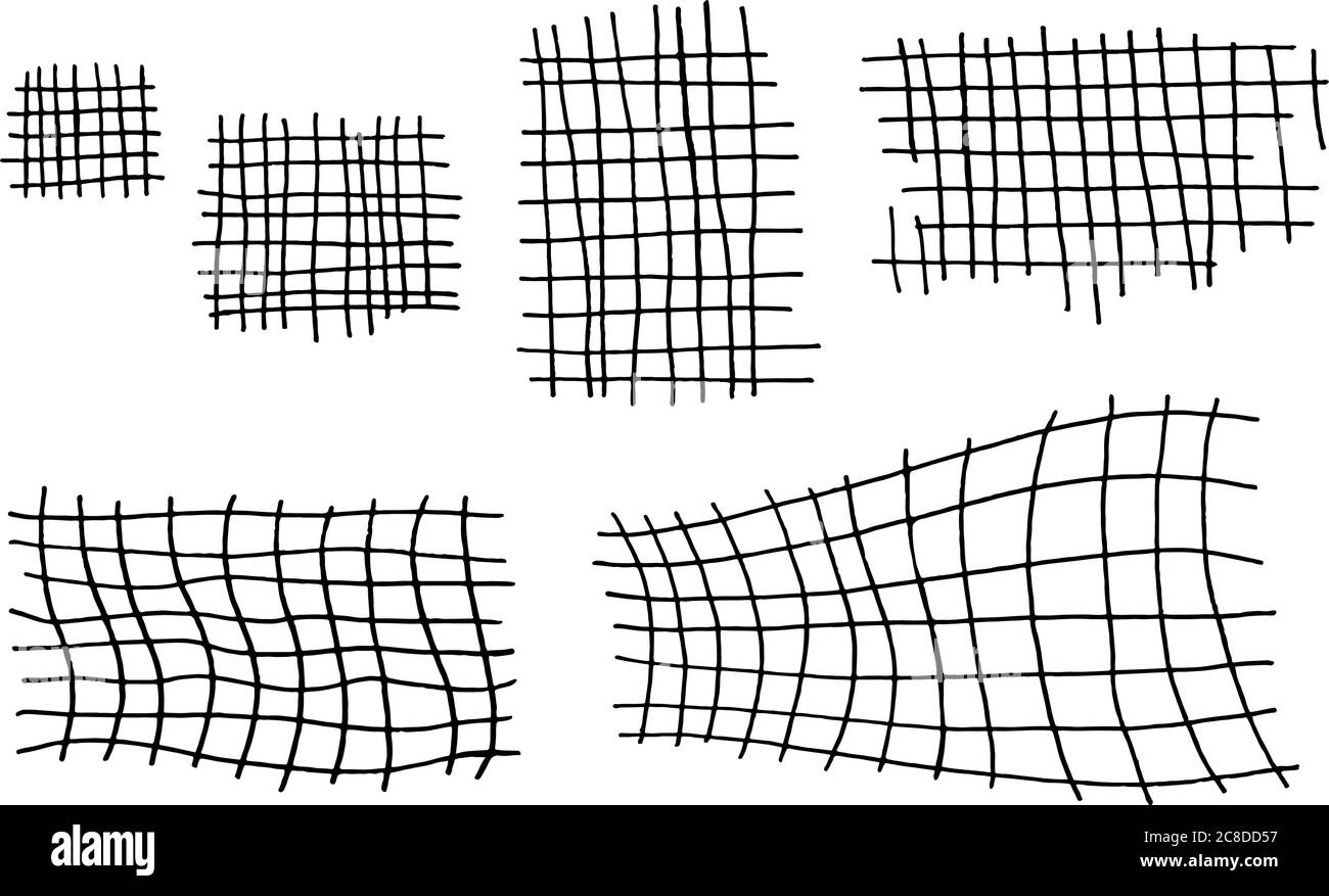 Set di inchiostri grunge disegnati a mano con elementi a gabbia quadrati. Collezione di celle bianche e nere per la progettazione. Stile Street art. Vector illustrati Illustrazione Vettoriale