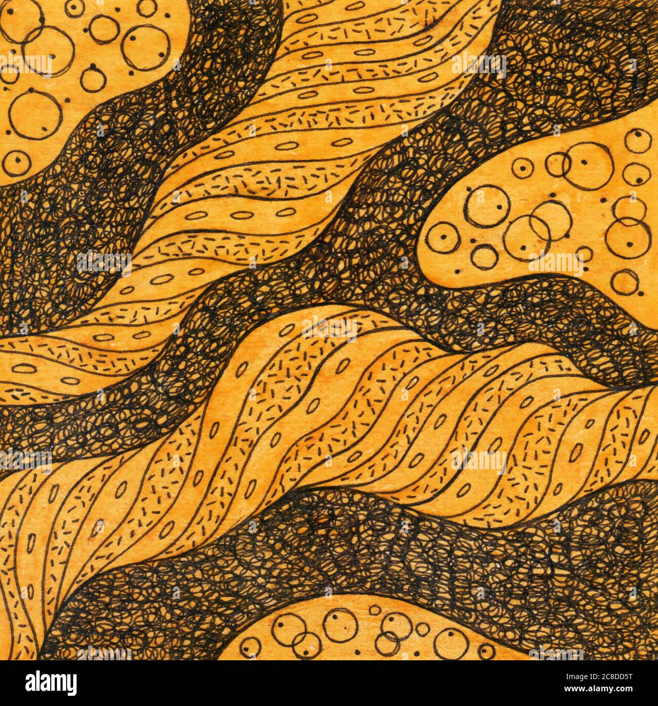 Inchiostro disegnato a mano con trama ondulata. Grunge doodle linea di sfondo arte. Disegno artistico giallo per il design. Illustrazione raster. Foto Stock