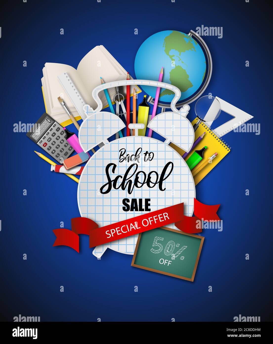 Poster di vendita di ritorno a scuola con forniture scolastiche su sfondo blu Foto Stock