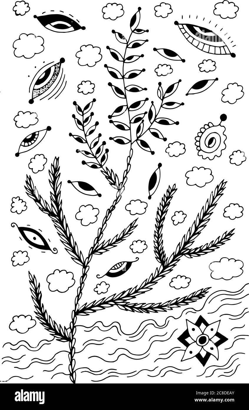 Heather - illustrazione dei fiori. Disegno floreale in inchiostro bianco e nero. Libro da colorare per adulti. Disegno vettoriale. Illustrazione Vettoriale