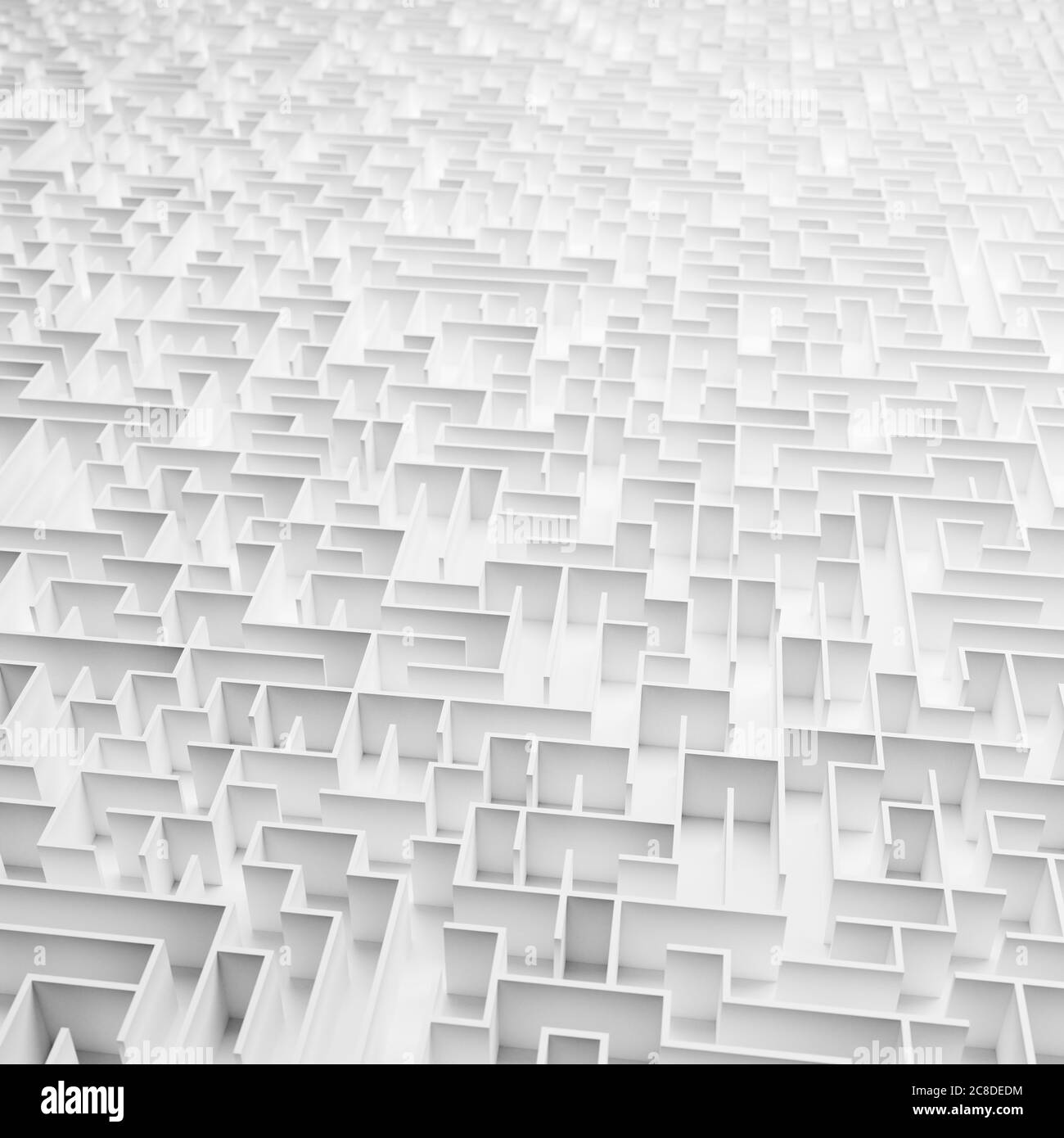 Rendering 3D: Immagine full frame di un labirinto infinito con pareti bianche riprese dall'alto - concetto per grande problema, disperazione Foto Stock
