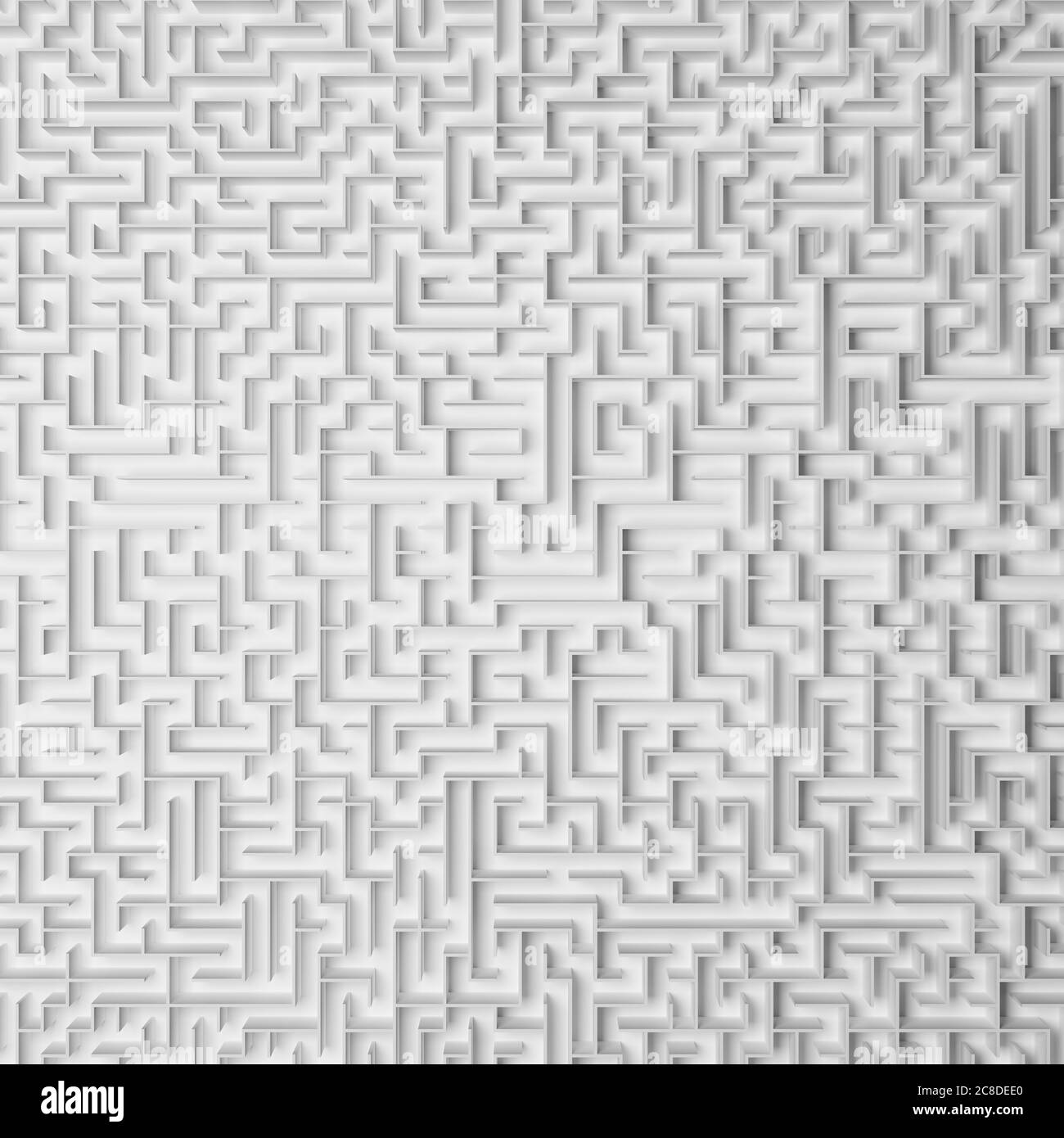 Rendering 3D: Immagine full frame di un labirinto infinito con pareti bianche riprese direttamente dall'alto - concetto per grande problema, disperazione Foto Stock