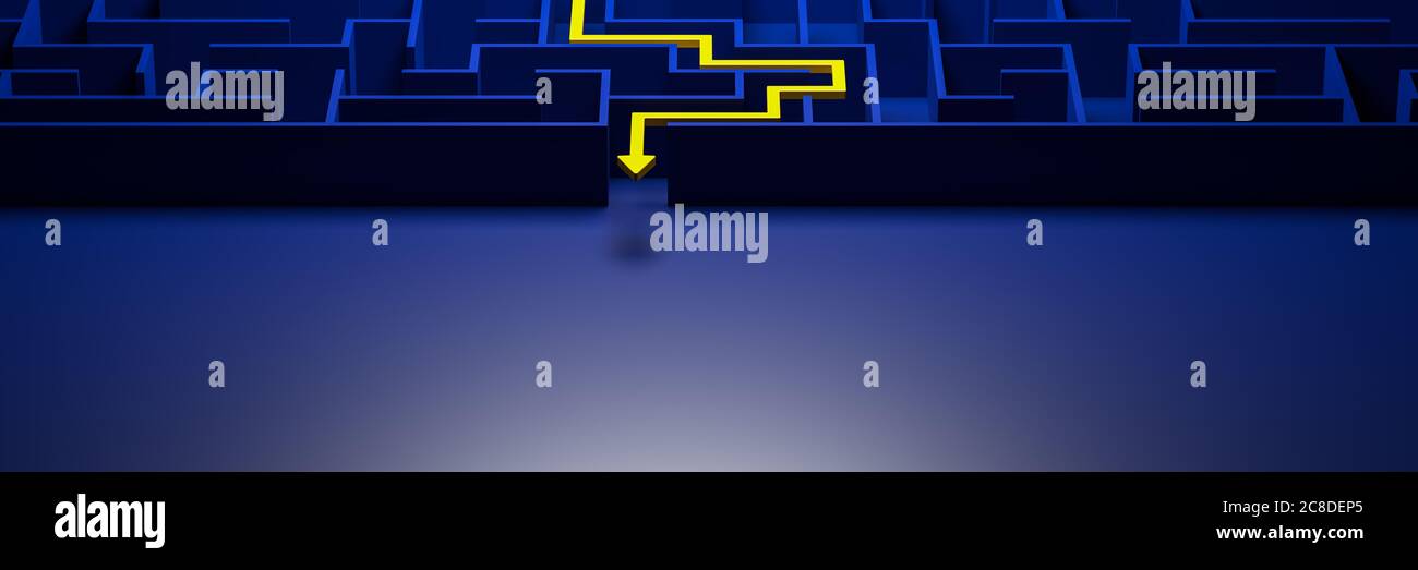 Rendering 3d: Concetto - risoluzione di un problema complesso. Labirinto blu e pavimento con percorso soluzione gialla con freccia. Dimensione banner. Foto Stock