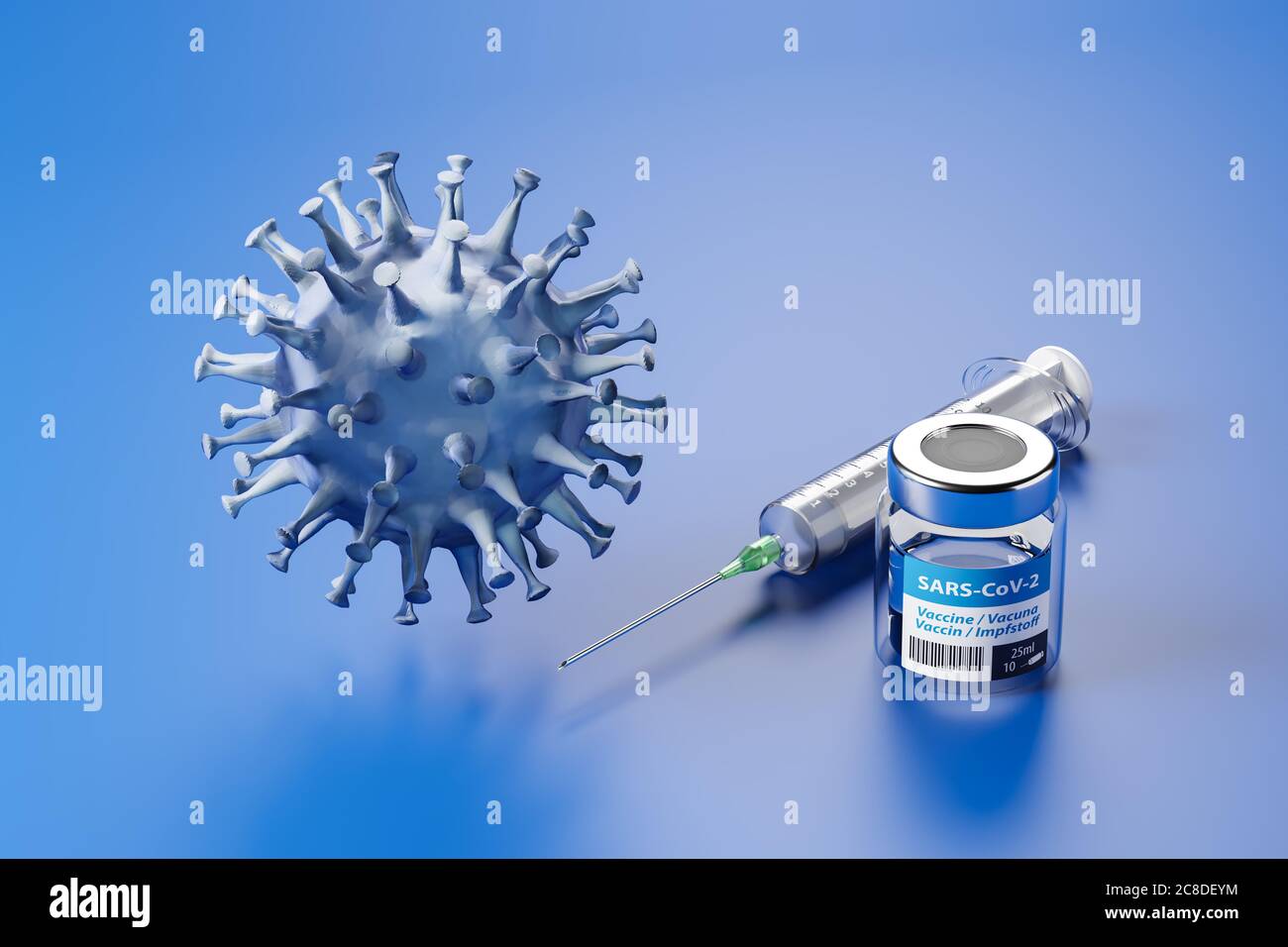 Vaccinazione contro il virus della corona SARS-COV-2: Contenitore di vetro con vaccinazione e siringa dietro. La parola vaccinazione in inglese, spagnolo, francese Foto Stock