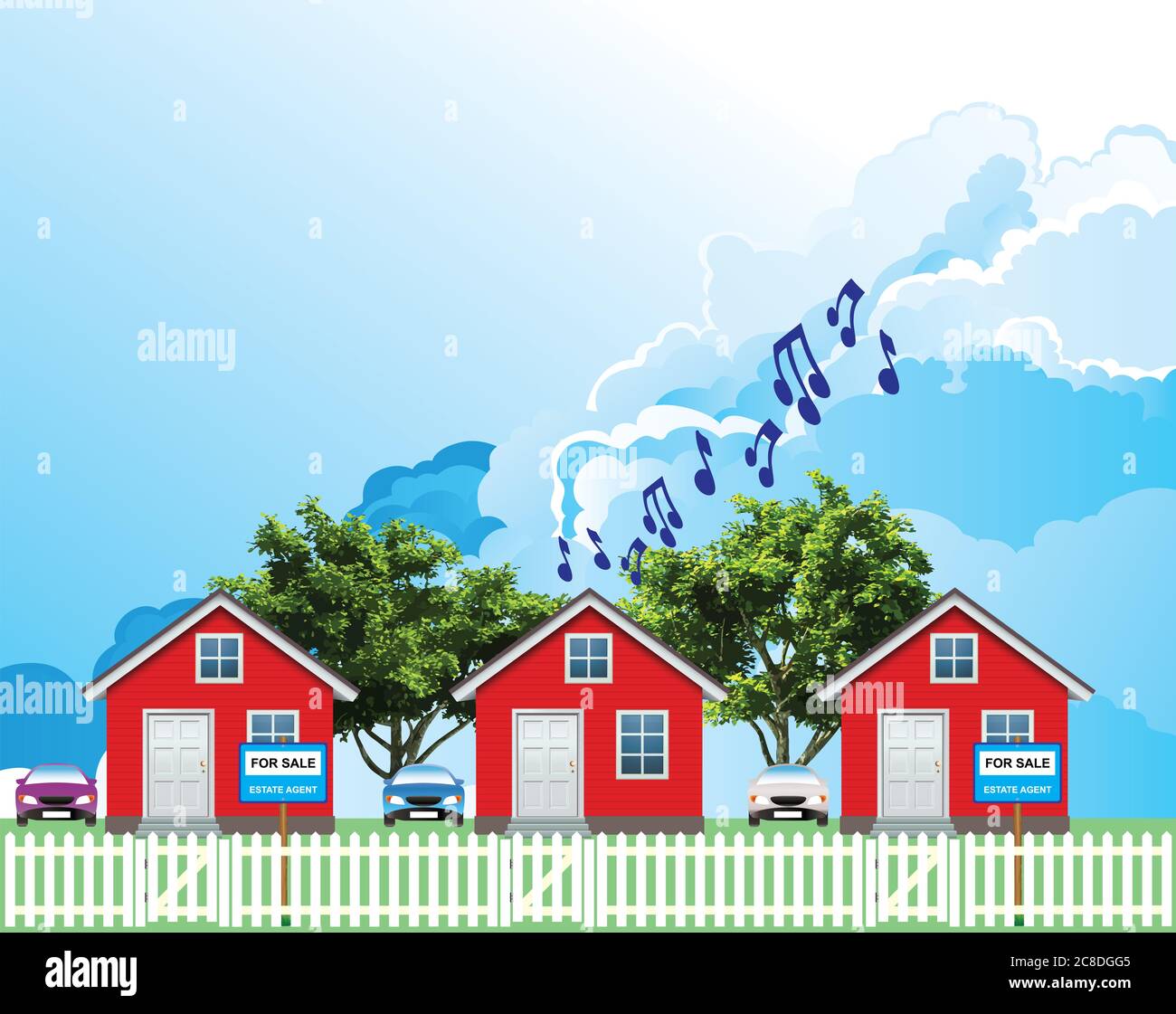 Fila di case residenziali distaccate su una strada di sobborgo con case in vendita accanto al vicino rumoroso impostato contro un cielo blu nuvoloso Foto Stock