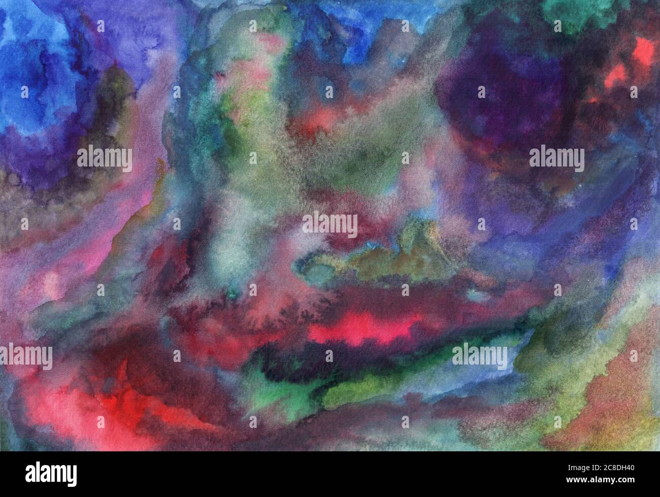 Struttura multicolore ad acquerello. Cielo tramonto. Colori blu, viola, verde, rosa, arancione. Motivo a acquarello disegnato a mano per il design. Backdr. Grunge artistico Foto Stock