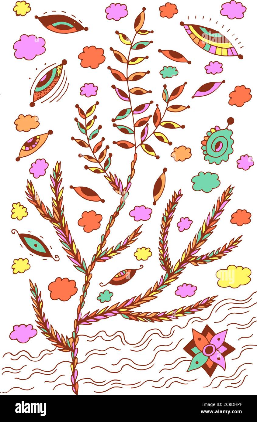 Heather - illustrazione floreale. Disegno di pianta colorato. Grafica psichedelica multicolore line art. Illustrazione Vettoriale