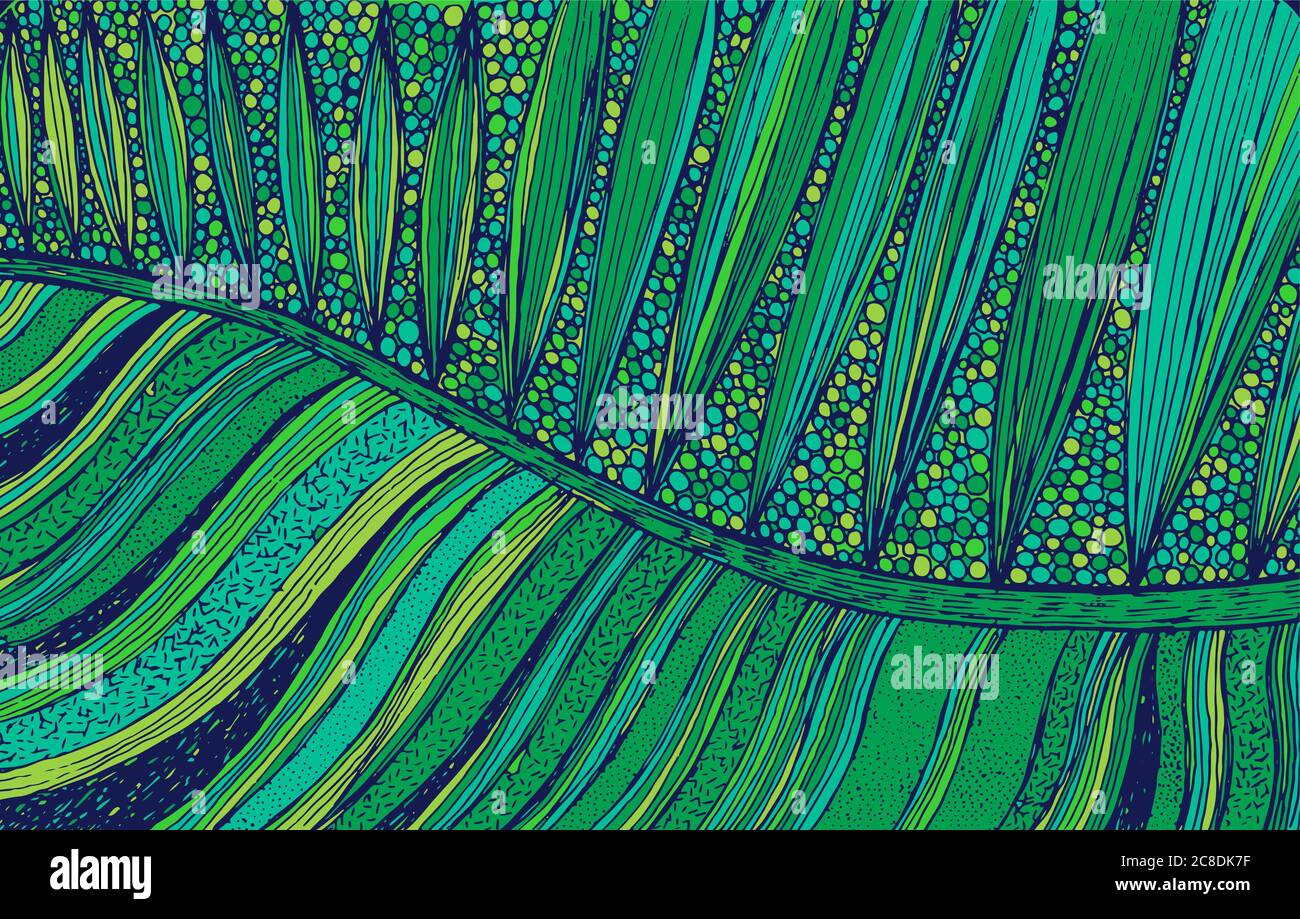 Foglia di palma - illustrazione floreale. Disegno di pianta colorato. Grafica psichedelica multicolore line art. Illustrazione Vettoriale