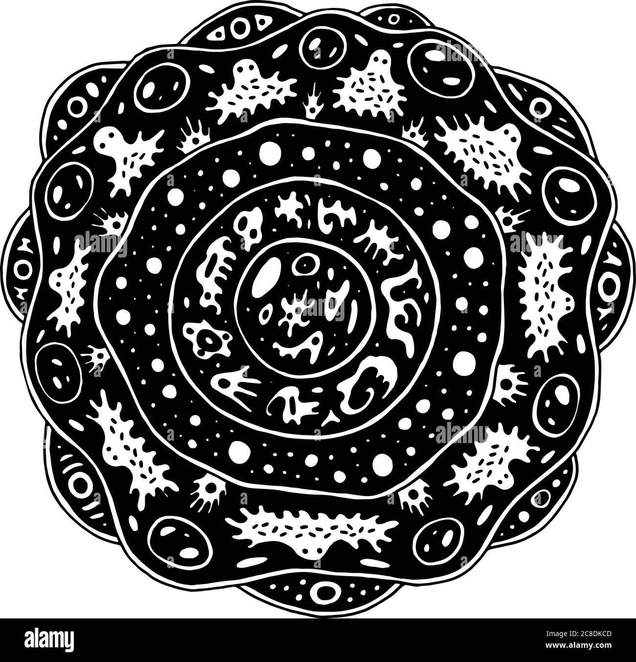 Mandala surreale con creature e cerchi alieni. Pagina da colorare psichedelico per adulti. Fiore fantastico. Arte astratta per il relax. Strani ilustrati Illustrazione Vettoriale