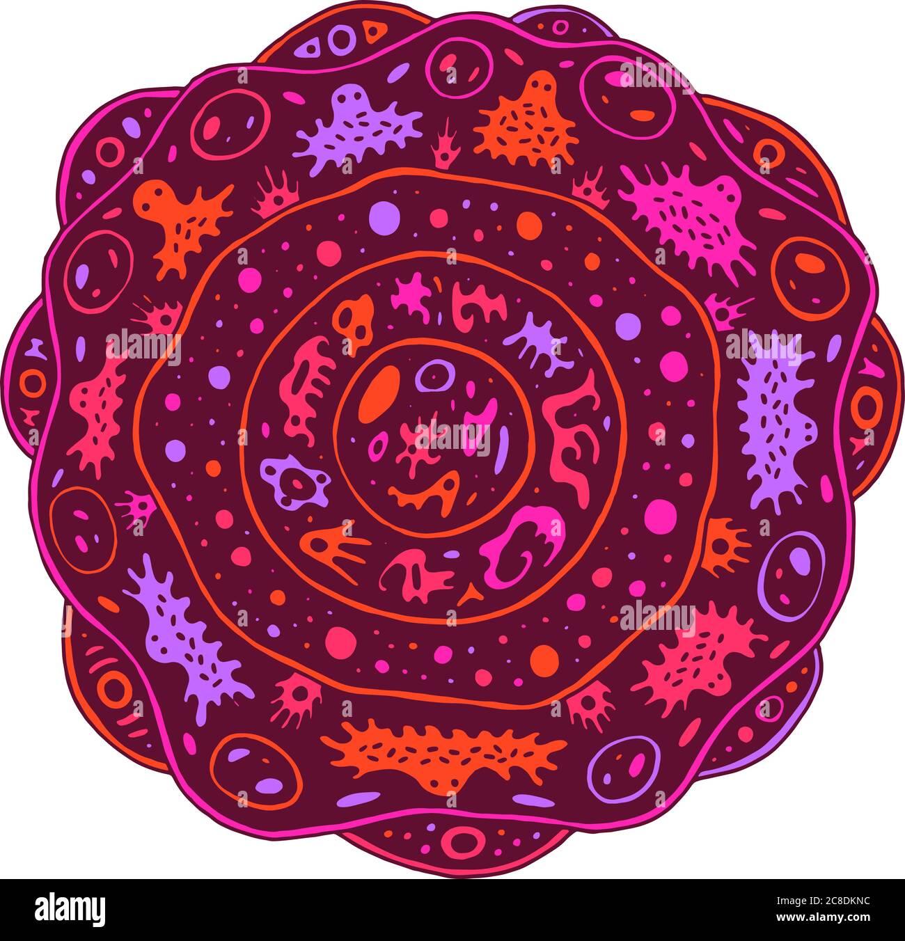 Mandala surreale con creature e cerchi alieni. Elemento floreale colorato psichedelico. Fiore fantastico. Arte astratta per il relax. Rapporto di ilustrio strano Illustrazione Vettoriale