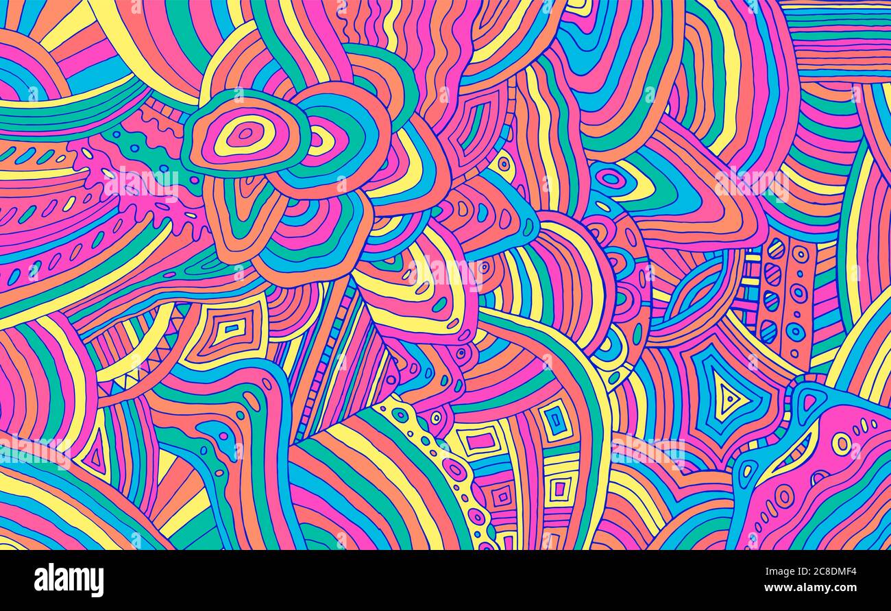Motivo a strisce con tre poodle al neon. Colorato arcobaleno astratto decalato ornamento. Struttura psichedelica. Illustrazione vettoriale. Illustrazione Vettoriale