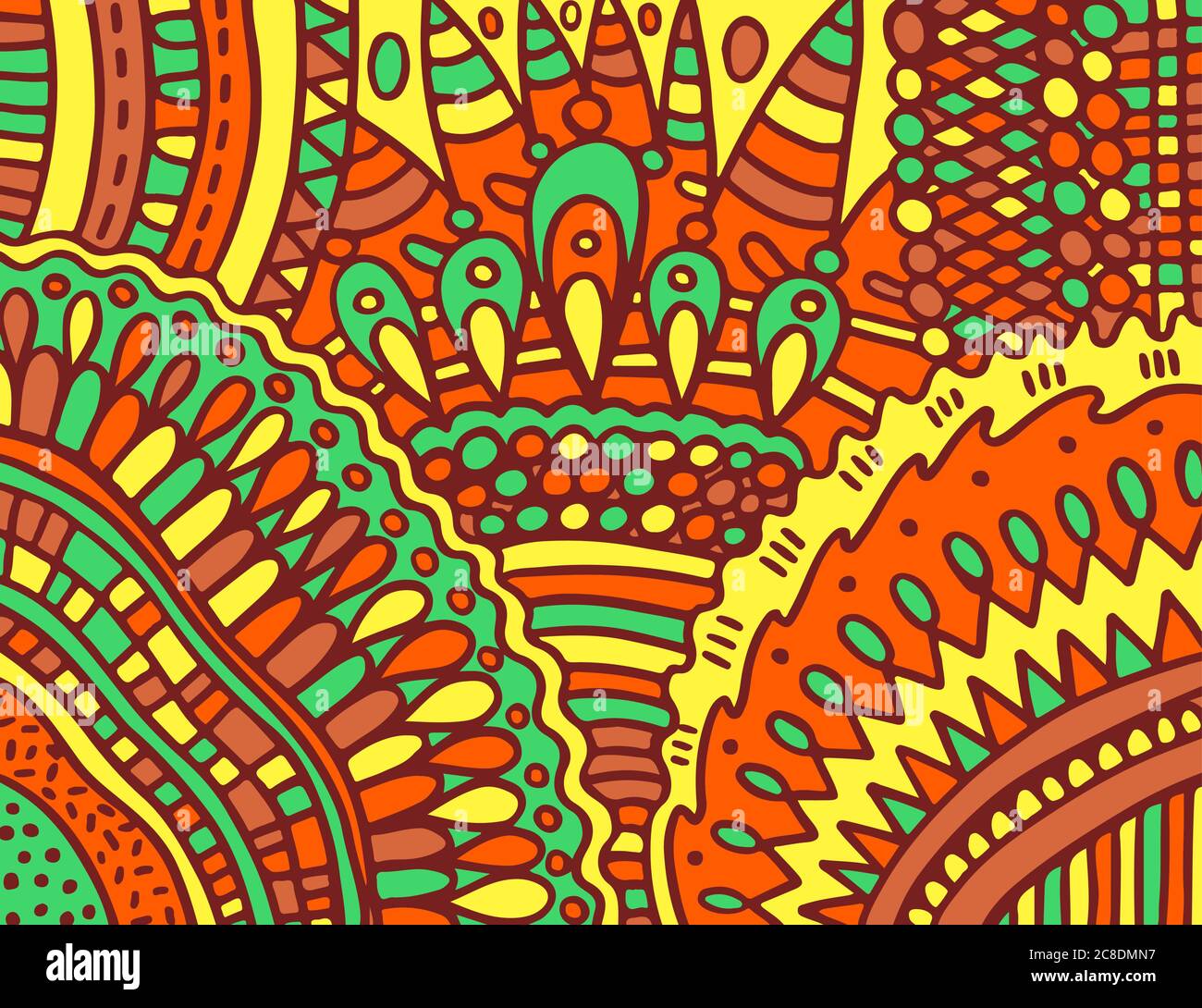 Modello di doodle Boho. Ornamento colorato. Motivi della natura. Gocce e cerchi. Arte psichedelica surreale. Illustrazione vettoriale. Illustrazione Vettoriale