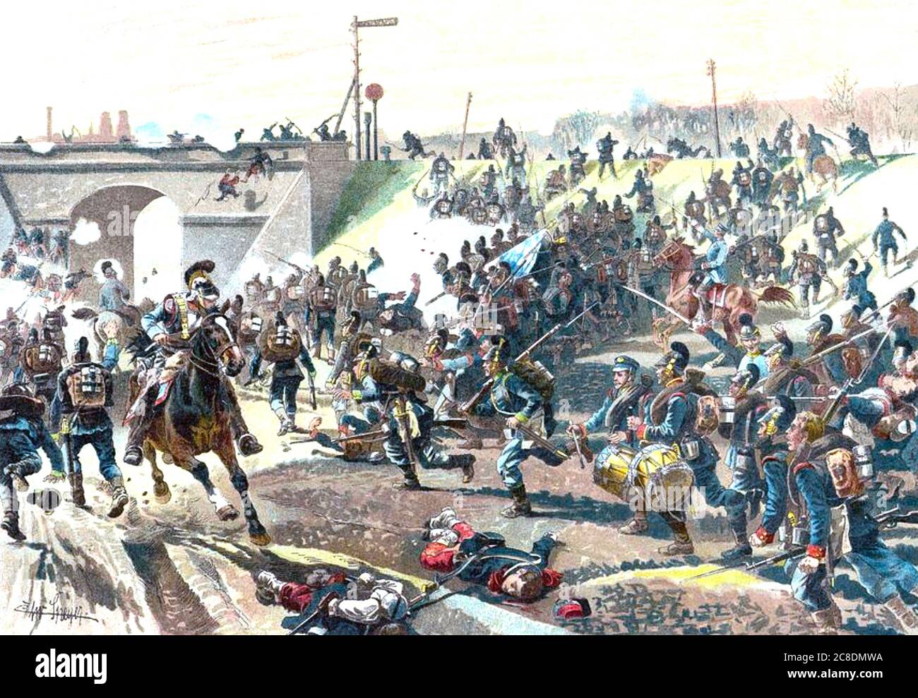 GUERRA FRANCO-PRUSSIANA 1870. I soldati del corpo bavarese IST hanno superato un argine ferroviario e una diga a nord di Orleans il 11 ottobre Foto Stock