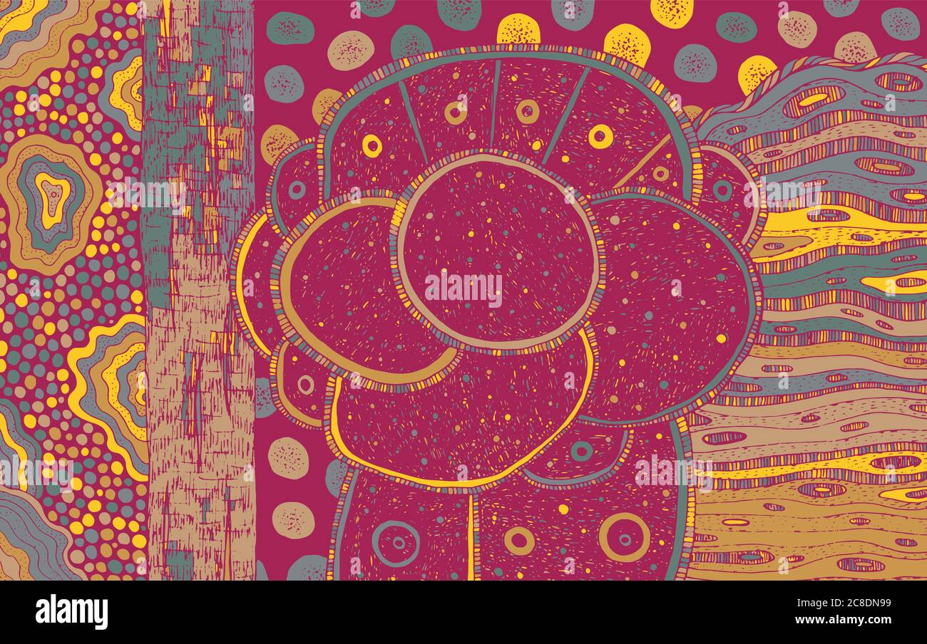 Colorato motivo d'onda doodle. Arte popolare Aboroginal sfondo scuro con ornamento astratto surreale. Struttura psichedelica. Illustrazione vettoriale. Illustrazione Vettoriale