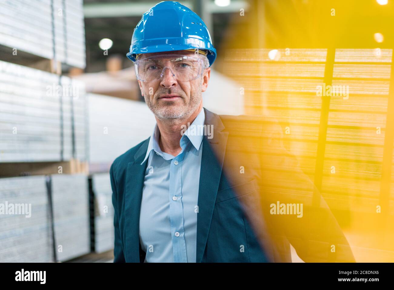 Ritratto di uomo d'affari maturo che indossa elmetto e occhiali di protezione in una fabbrica Foto Stock