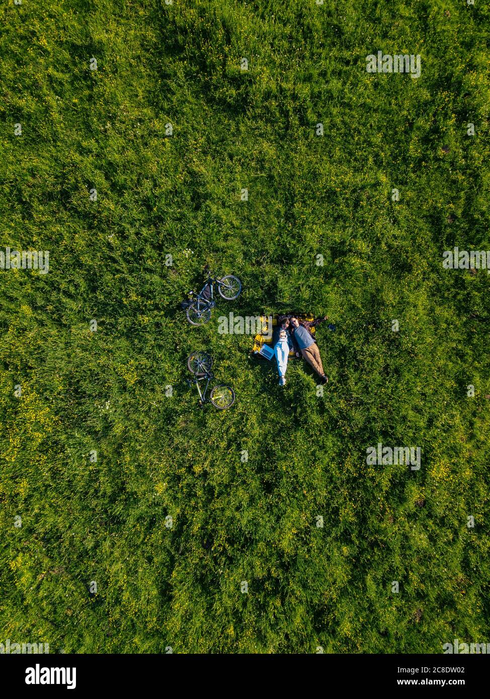 Coppia adagiata sull'erba, vista aerea Foto Stock