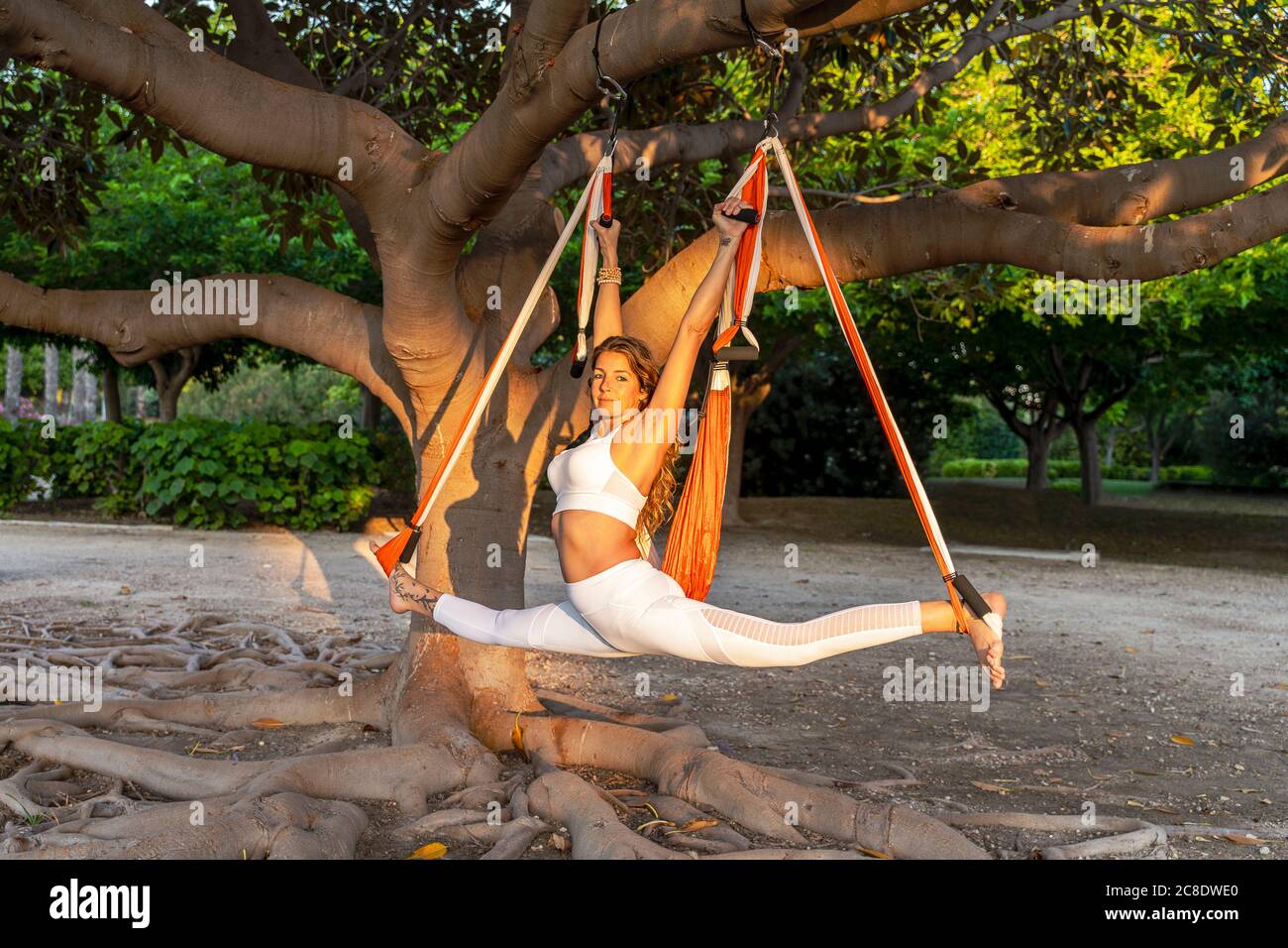 Donna sicura con gambe a parte che pratica yoga aereo su amaca nel parco  pubblico Foto stock - Alamy