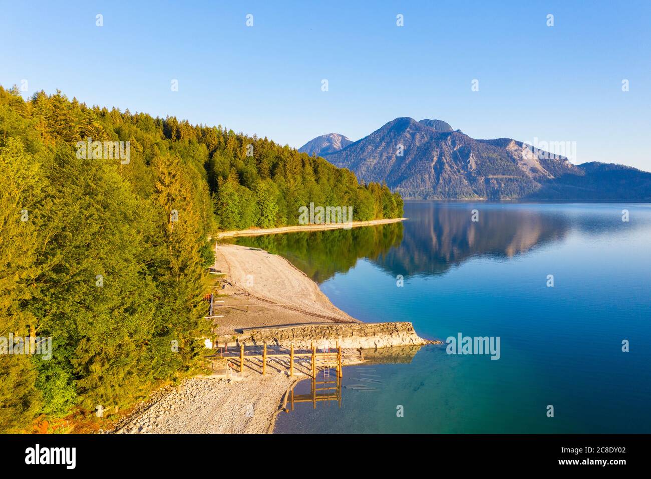 Germania, Baviera, Kochel am See, Drone vista della riva boscosa del lago Walchen in primavera Foto Stock