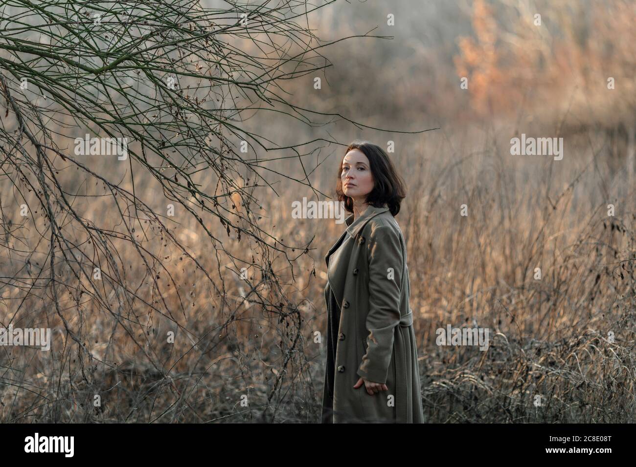 Bella donna matura in piedi da pianta morta a foresta Foto Stock