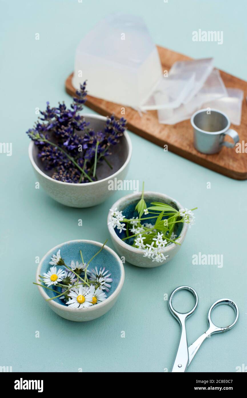 Preparazione su vari fiori selvatici e materiale di glicerina per bar casalinghi di sapone Foto Stock