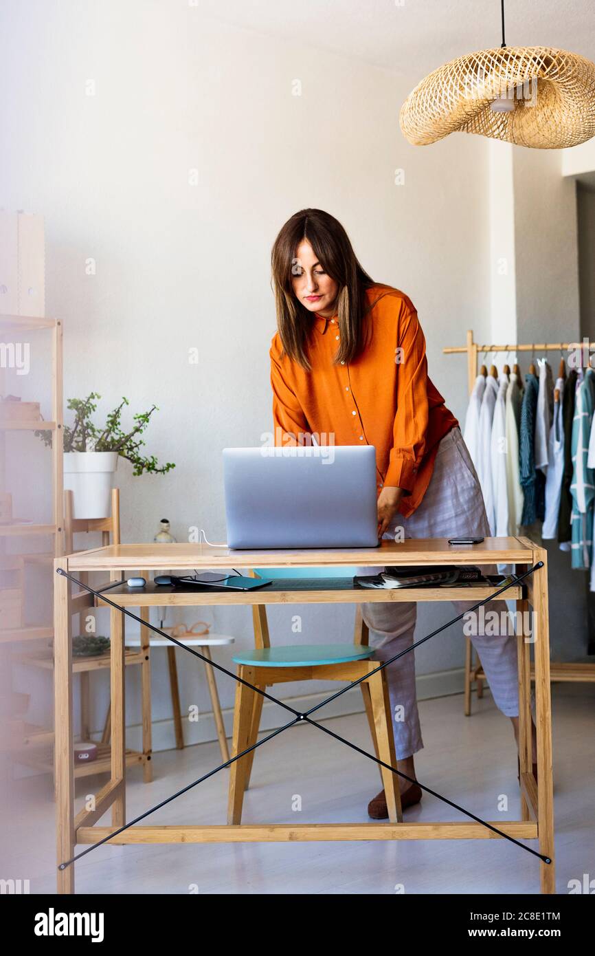 Donna stilista di moda che lavora a casa alla scrivania con un computer portatile Foto Stock