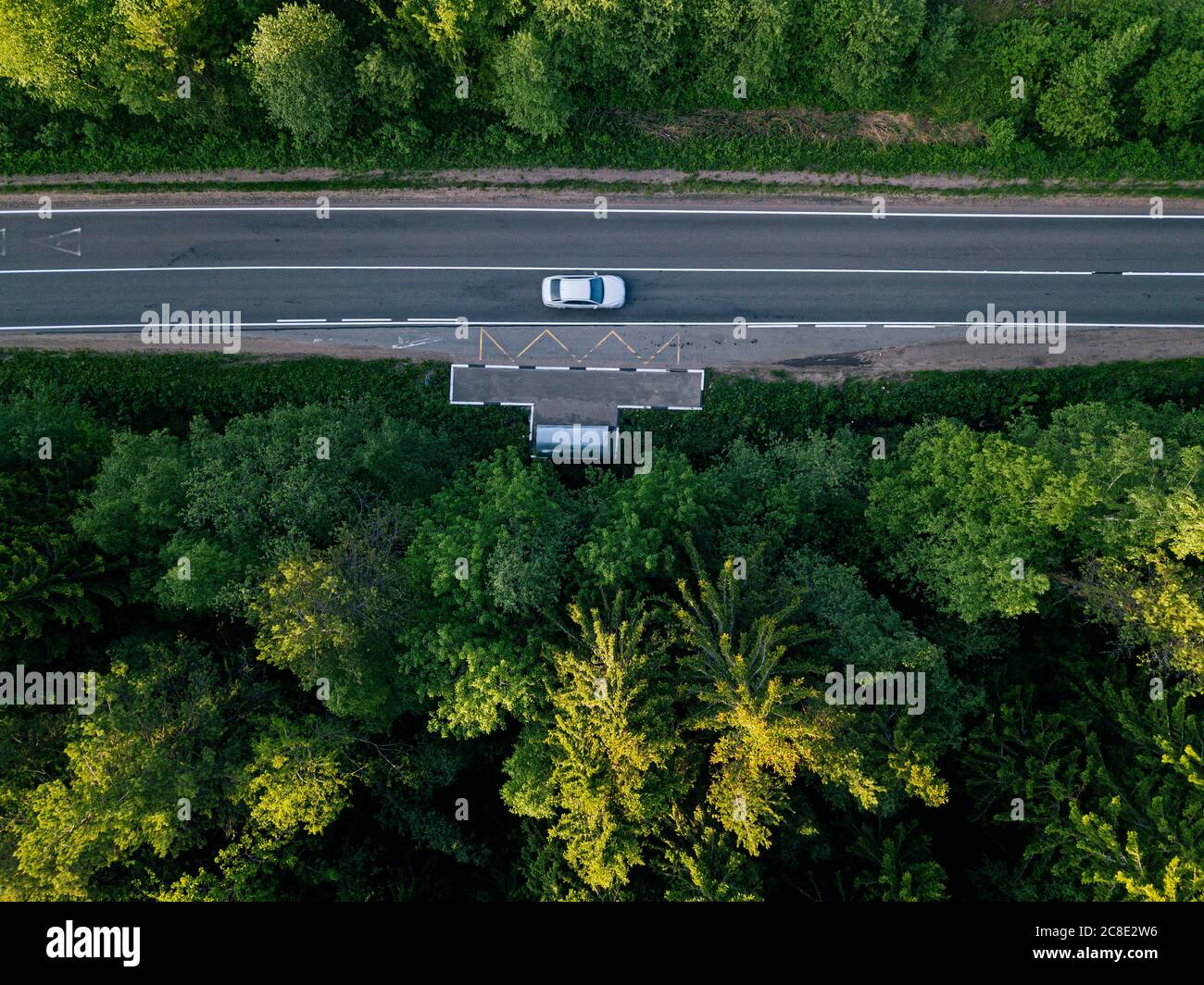 Russia, Leningrado Oblast, Tikhvin, vista aerea della macchina ferma alla fermata remota degli autobus nel mezzo di una vasta foresta verde Foto Stock