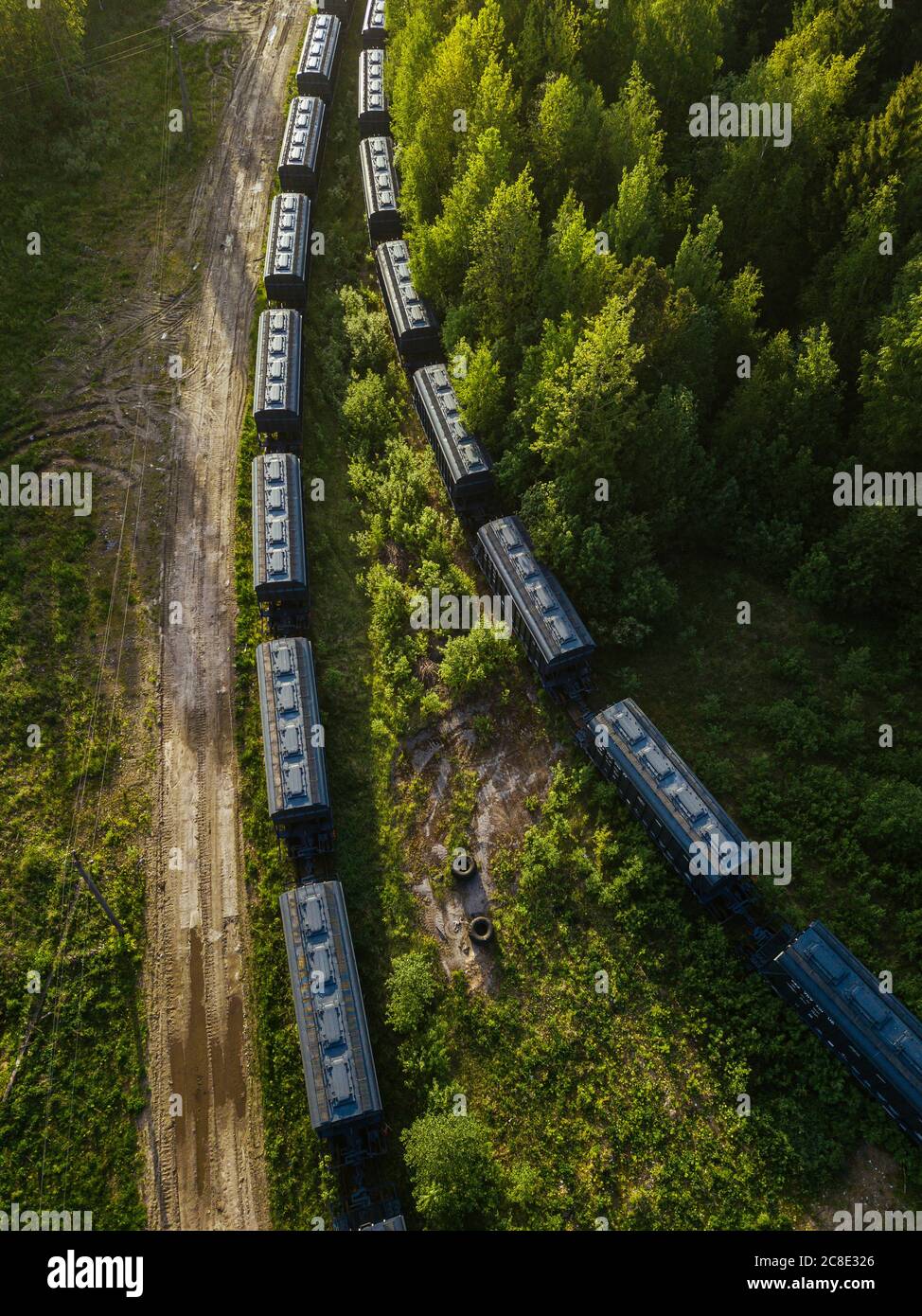Russia, Leningrado Oblast, Tikhvin, vista aerea delle auto ferroviarie ai margini della foresta Foto Stock